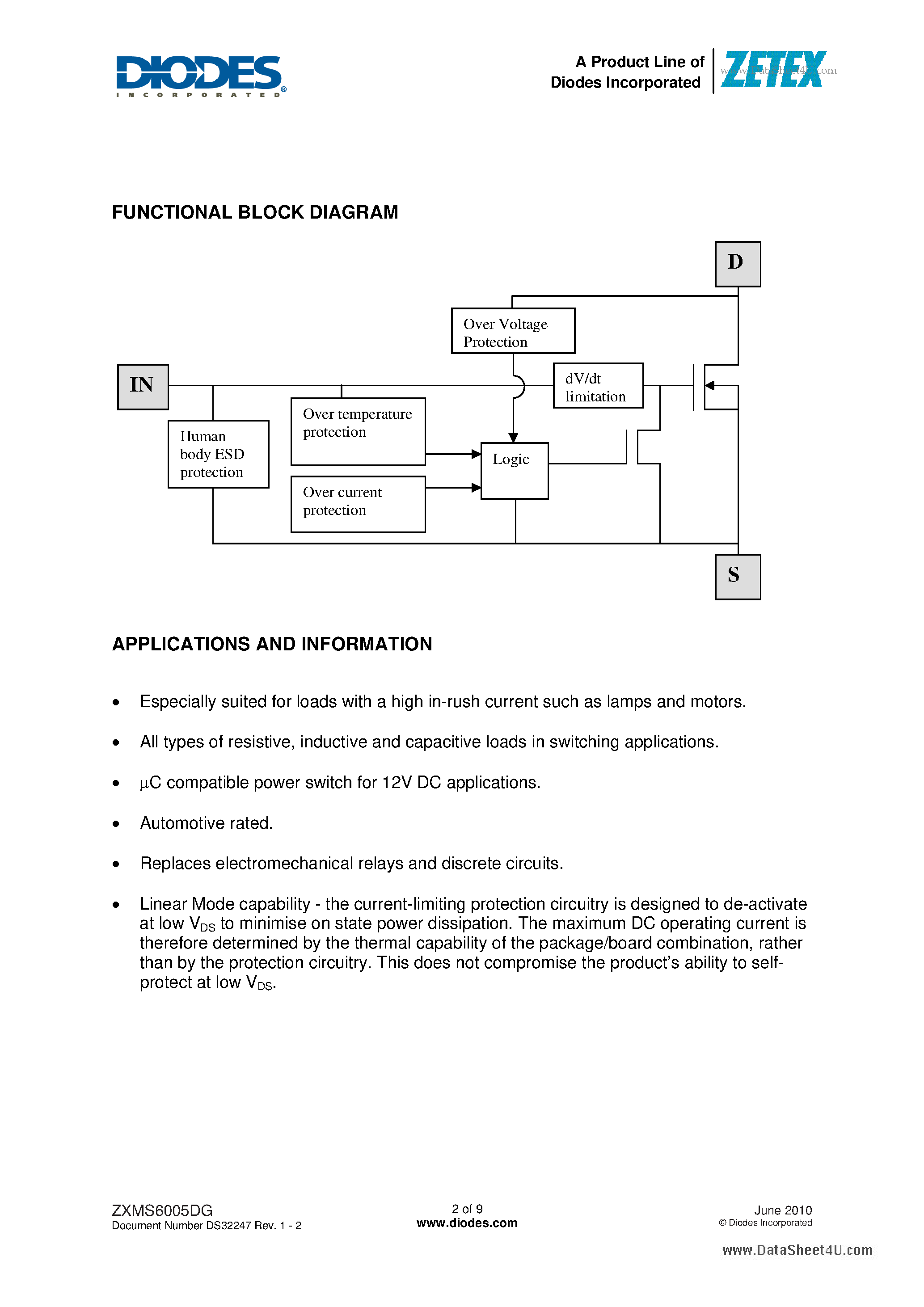 Datasheet ZXMS6005DG page 2 Datasheet ZXMS6005DG - 60V N-CHANNEL SELF PROTECTED ENHANCEMENT MODE page 2