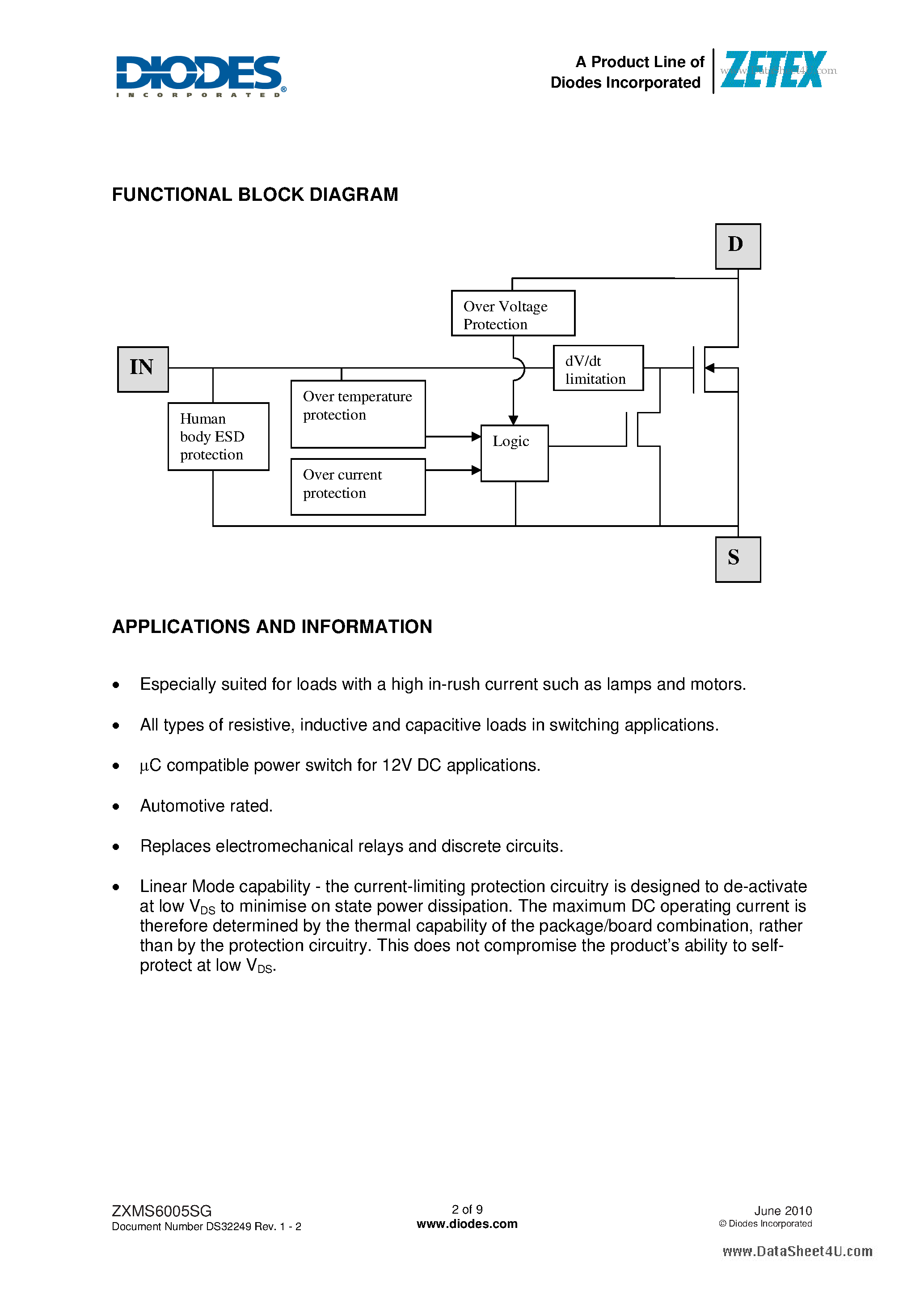 Datasheet ZXMS6005SG page 2 Datasheet ZXMS6005SG - 60V N-CHANNEL SELF PROTECTED ENHANCEMENT MODE page 2