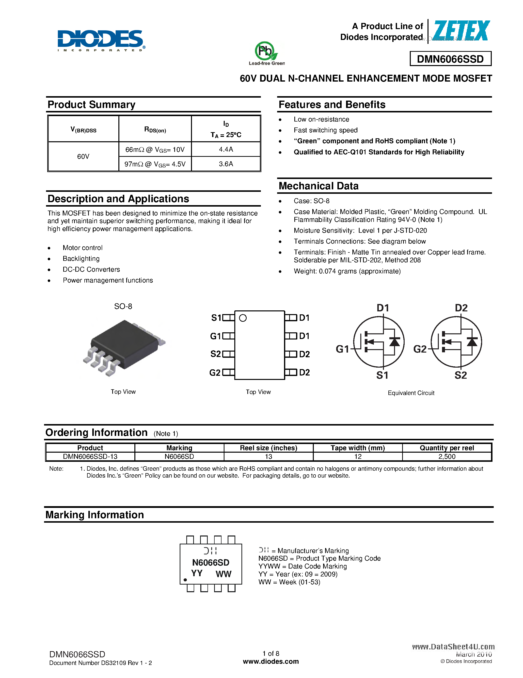 Datasheet DMN6066SSD - 60V DUAL N-CHANNEL ENHANCEMENT MODE MOSFET page 1