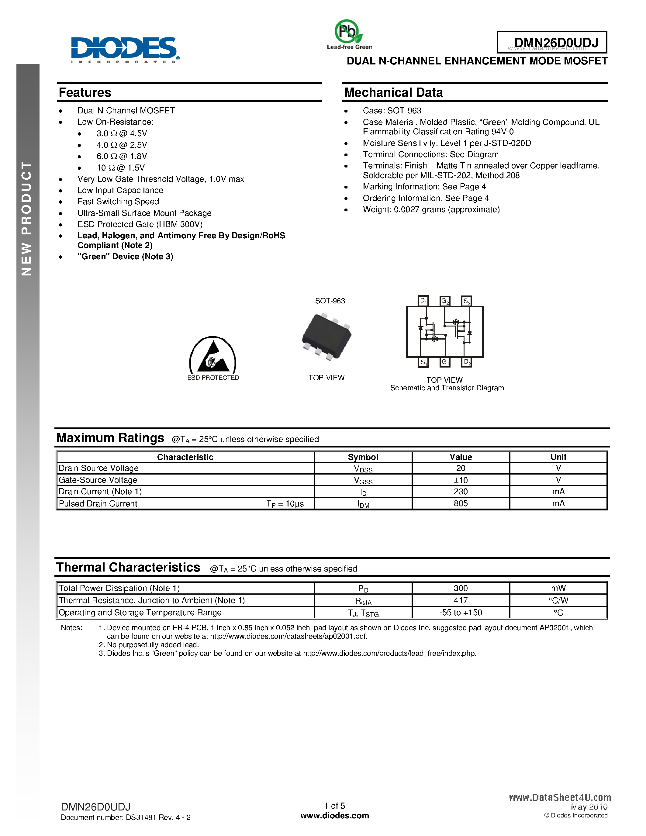 Datasheet DMN26D0UDJ - DUAL N-CHANNEL ENHANCEMENT MODE MOSFET page 1