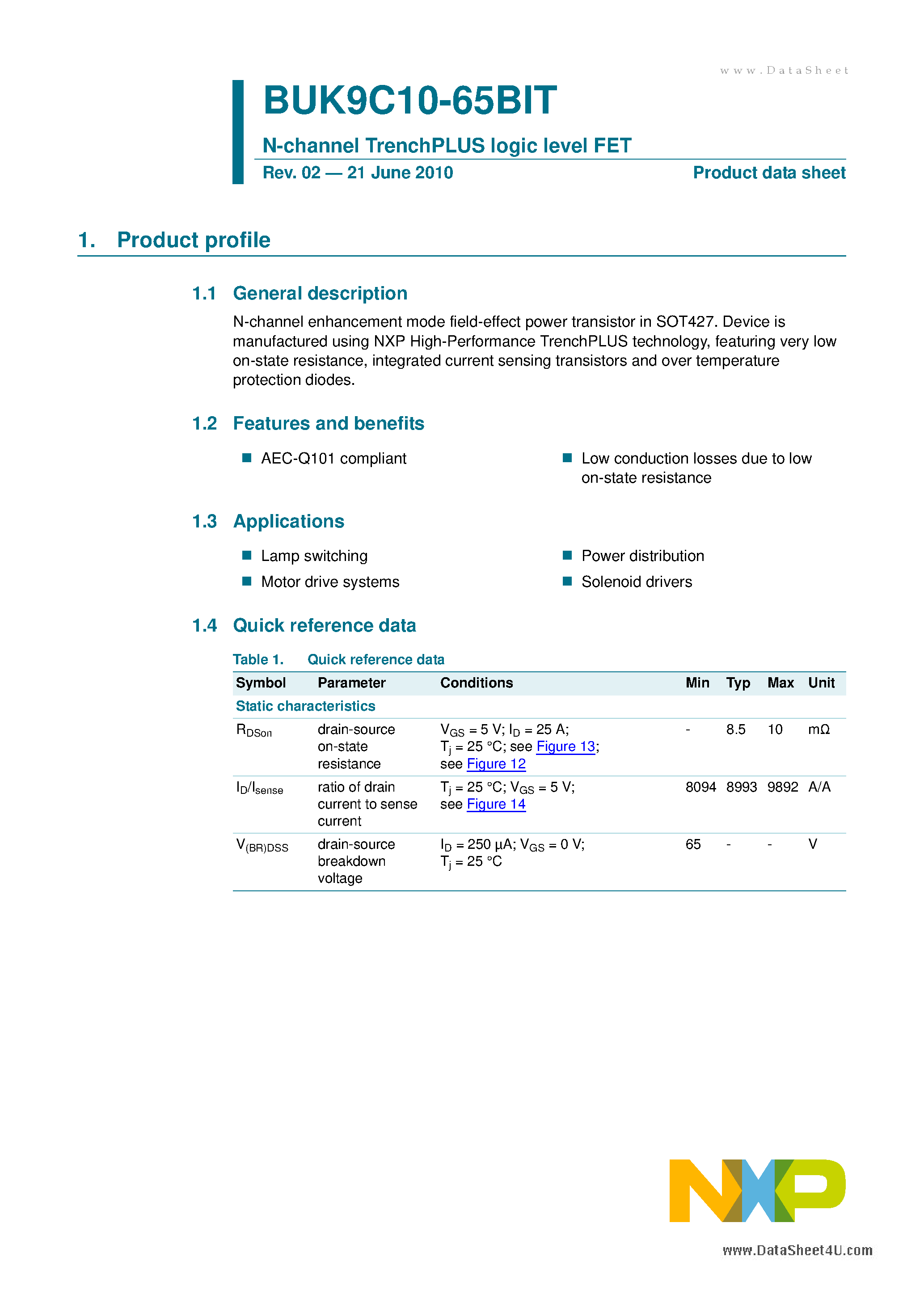Datasheet BUK9C10-65BIT - N-channel TrenchPLUS logic level FET page 1