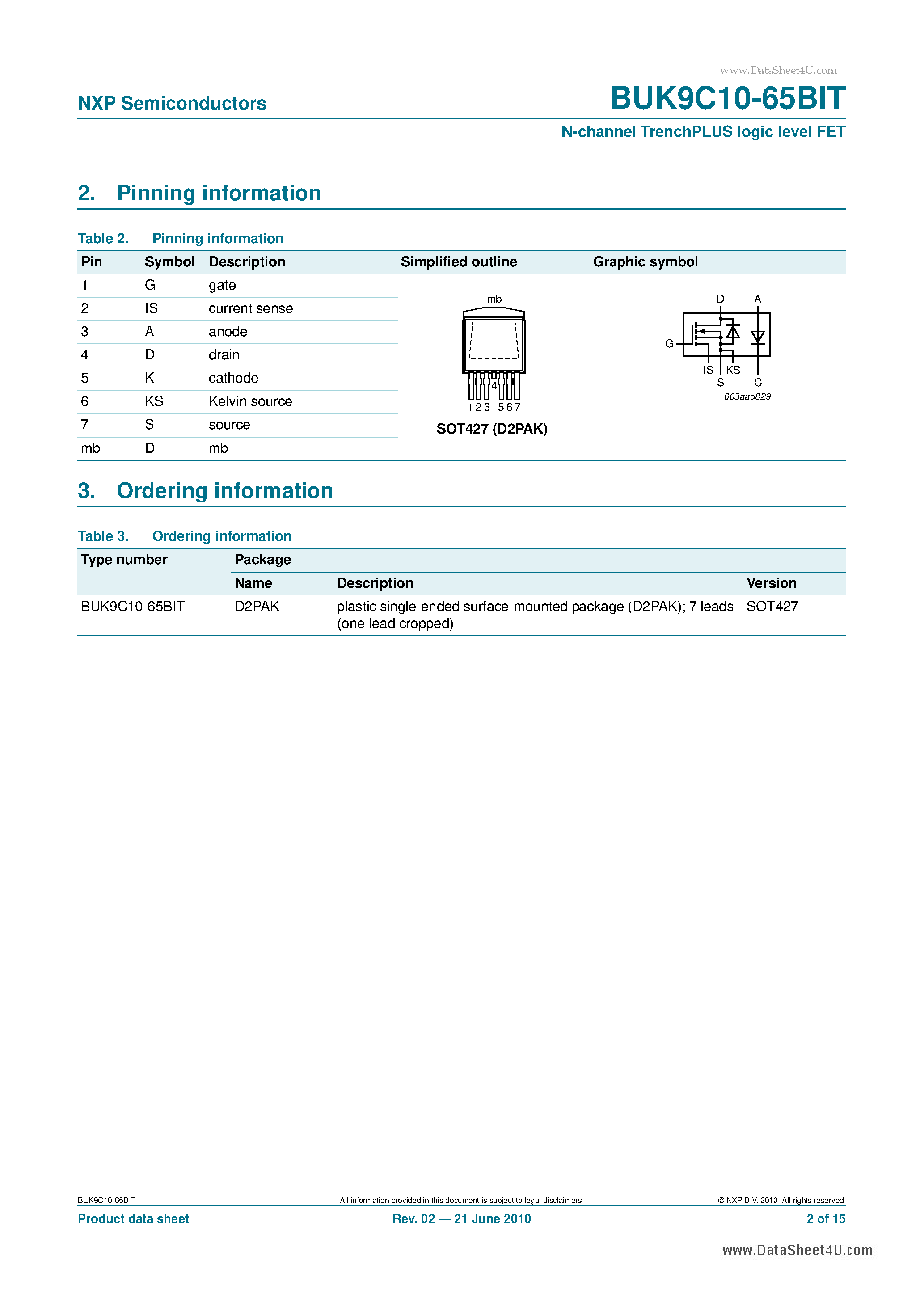 Datasheet BUK9C10-65BIT - N-channel TrenchPLUS logic level FET page 2