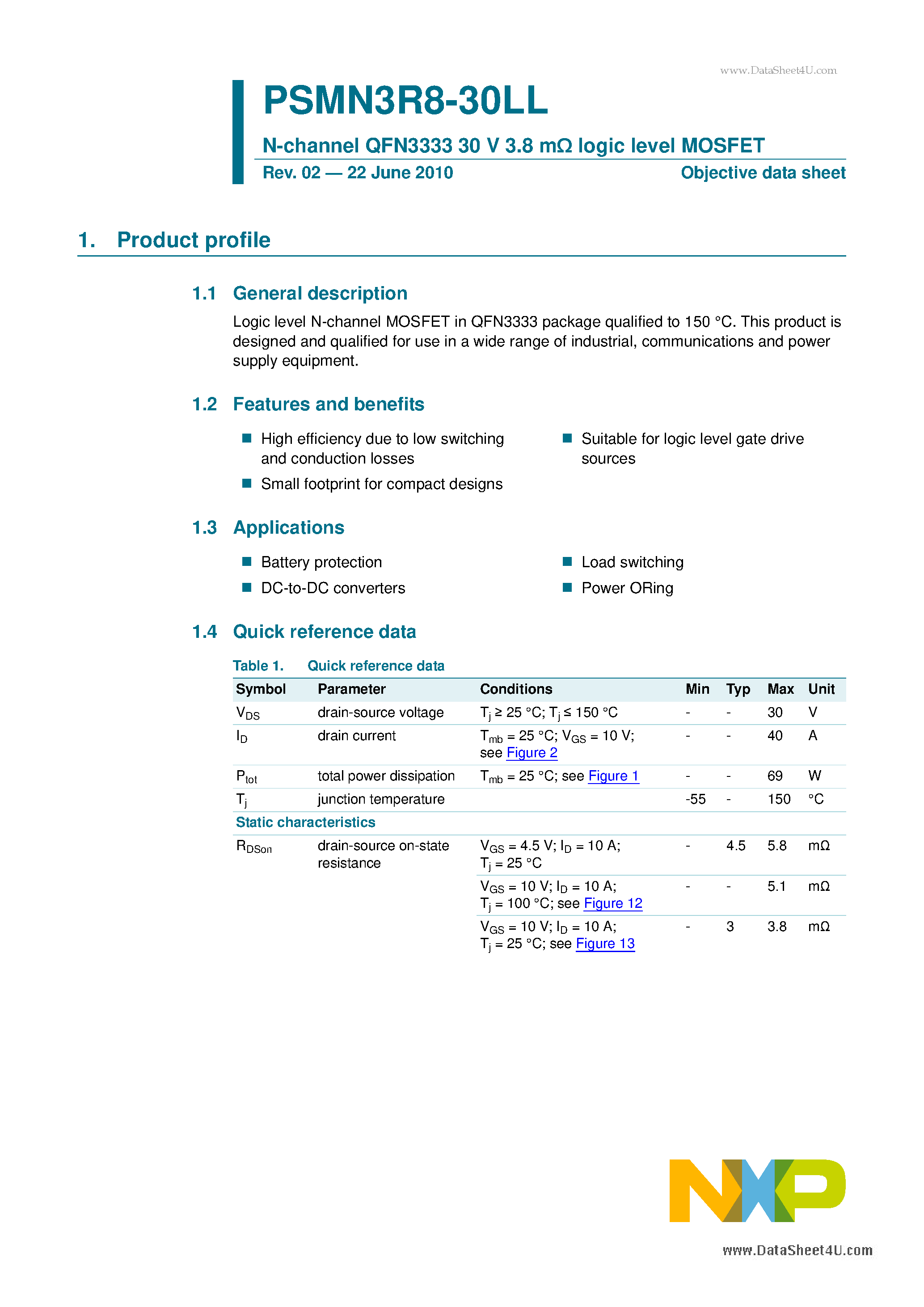 Datasheet PSMN3R8-30LL - N-channel QFN3333 30V 3.8mOhm logic level MOSFET page 1