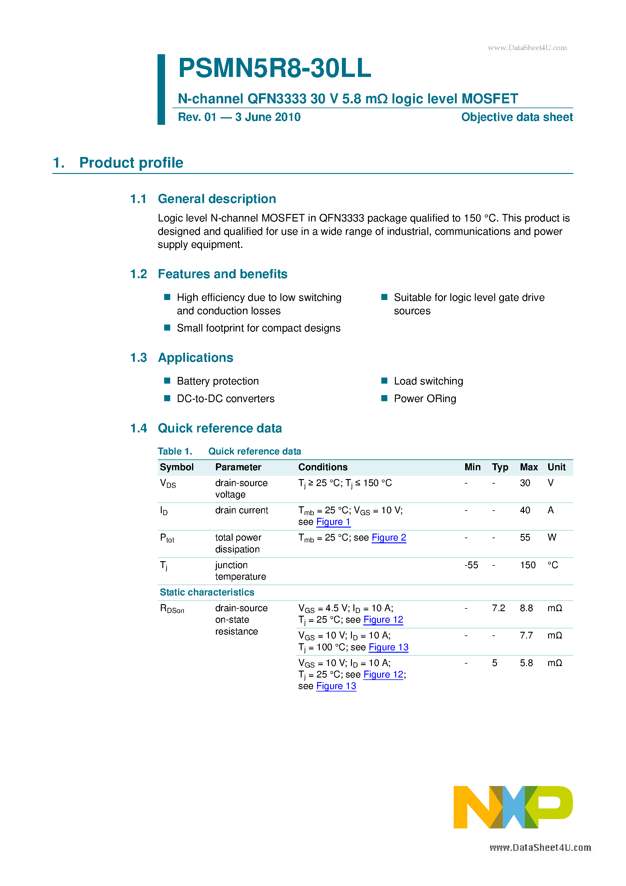 Datasheet PSMN5R8-30LL - N-channel QFN3333 30V 5.8mOhm logic level MOSFET page 1