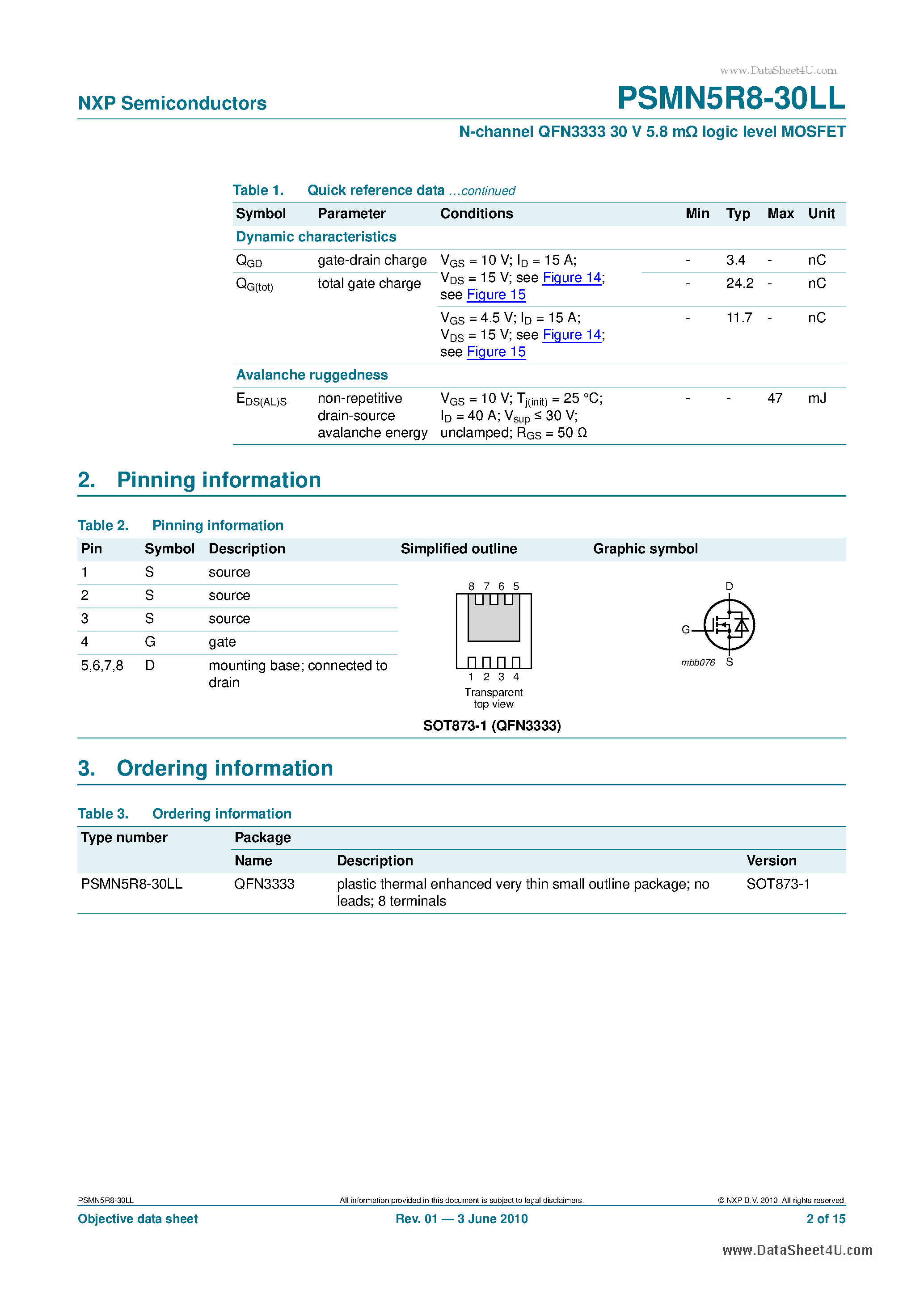 Datasheet PSMN5R8-30LL - N-channel QFN3333 30V 5.8mOhm logic level MOSFET page 2