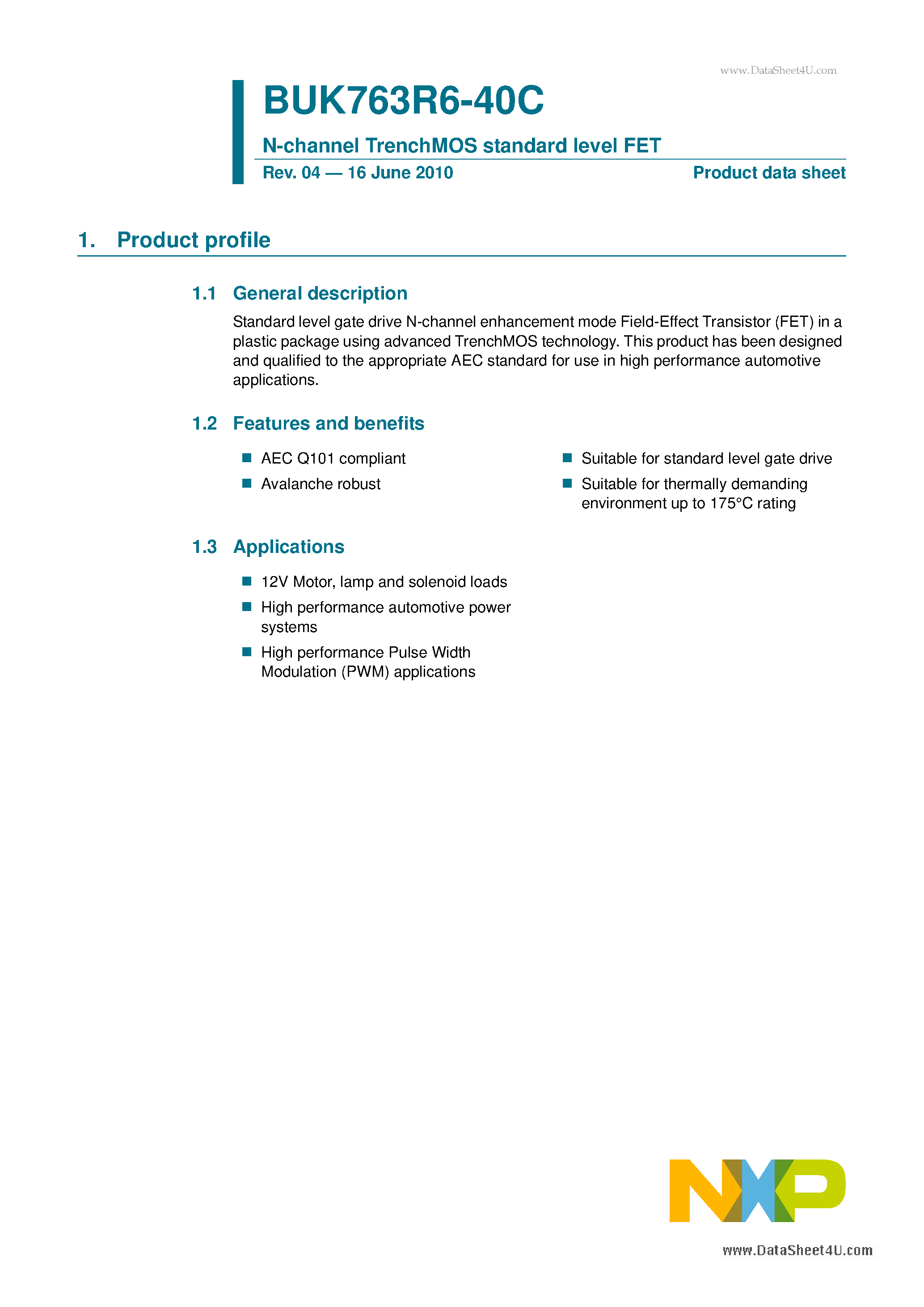 Datasheet BUK763R6-40C - N-channel TrenchMOS standard level FET page 1