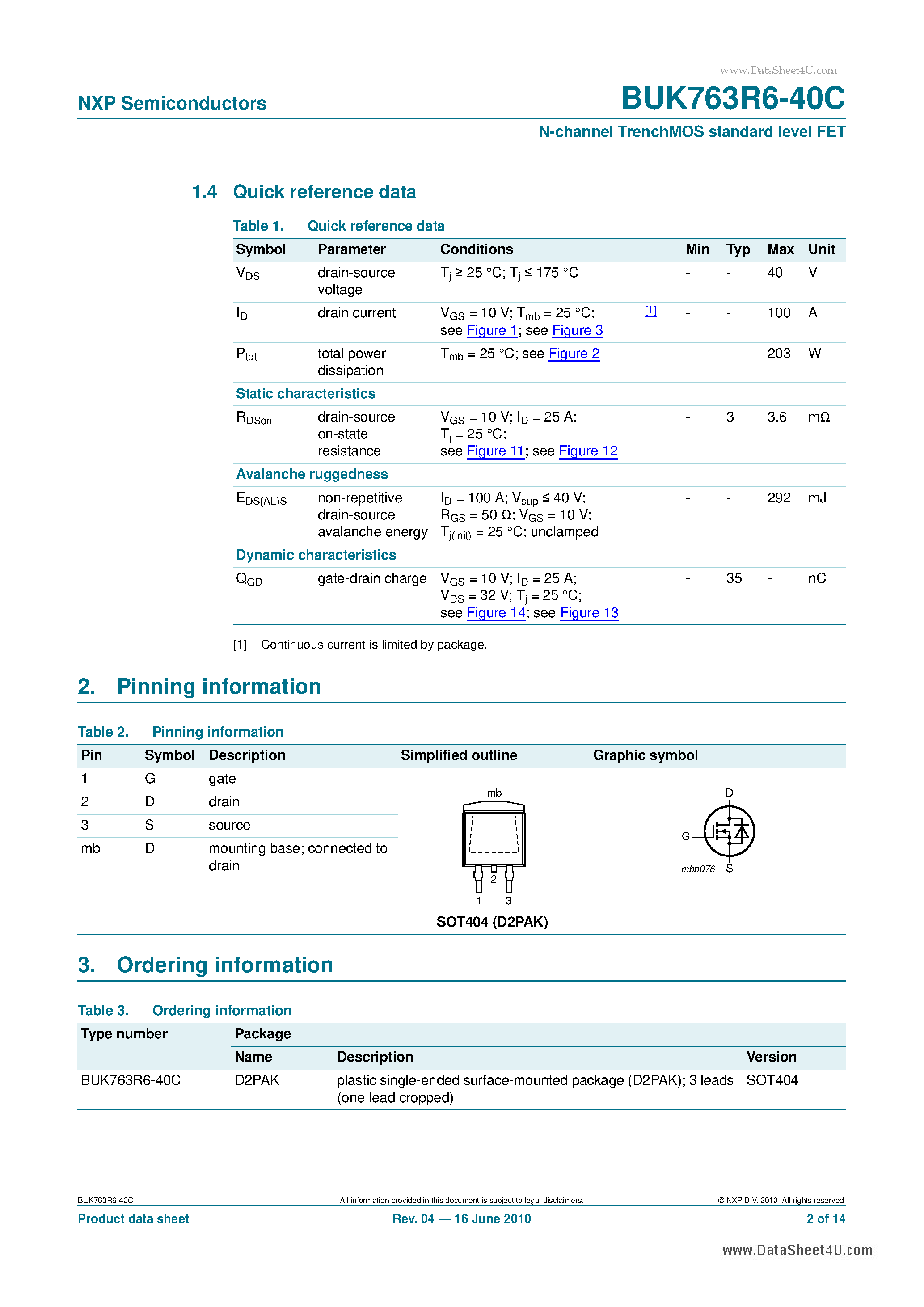 Datasheet BUK763R6-40C - N-channel TrenchMOS standard level FET page 2