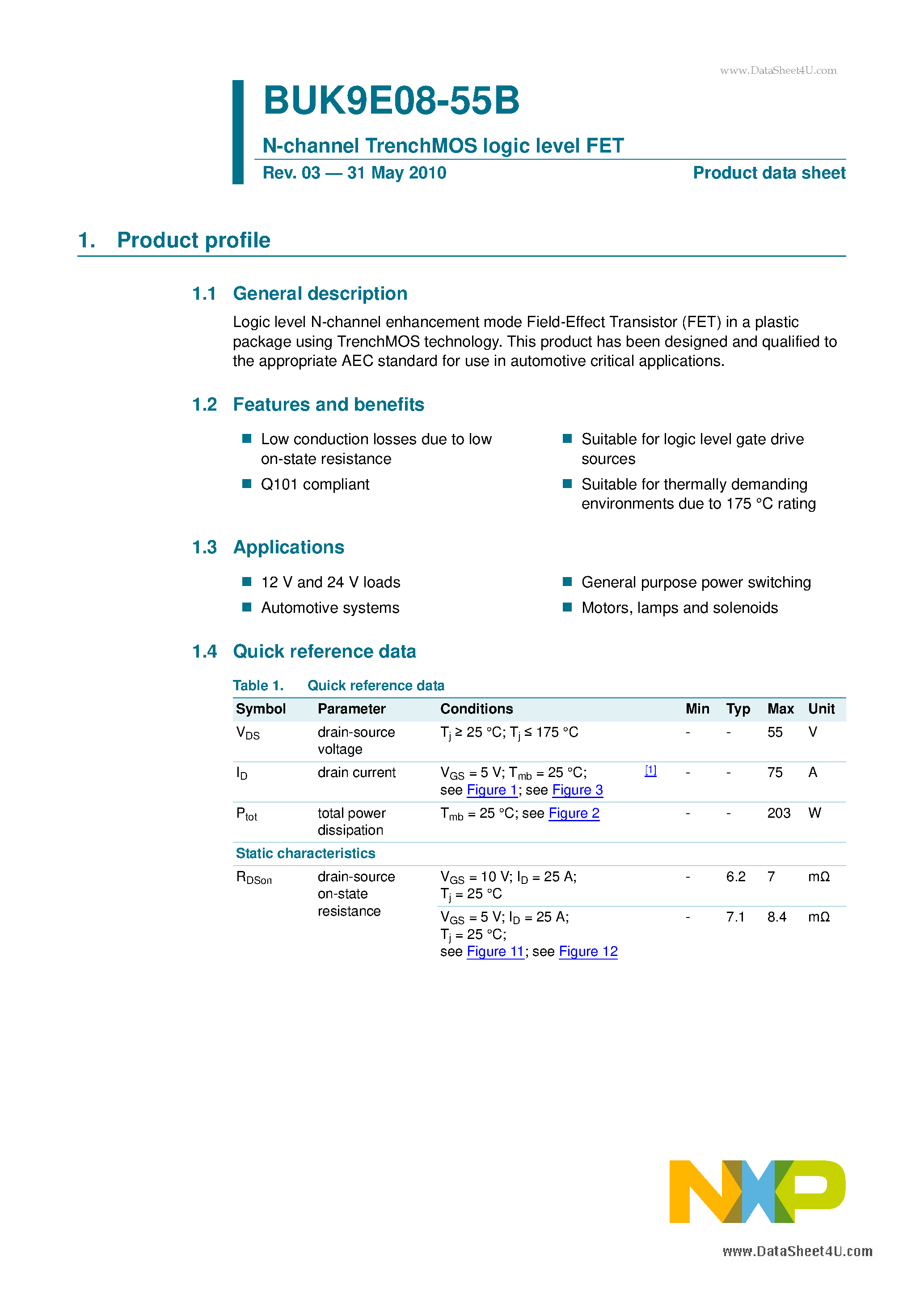 Datasheet BUK9E08-55B - N-channel TrenchMOS Logic Level FET page 1