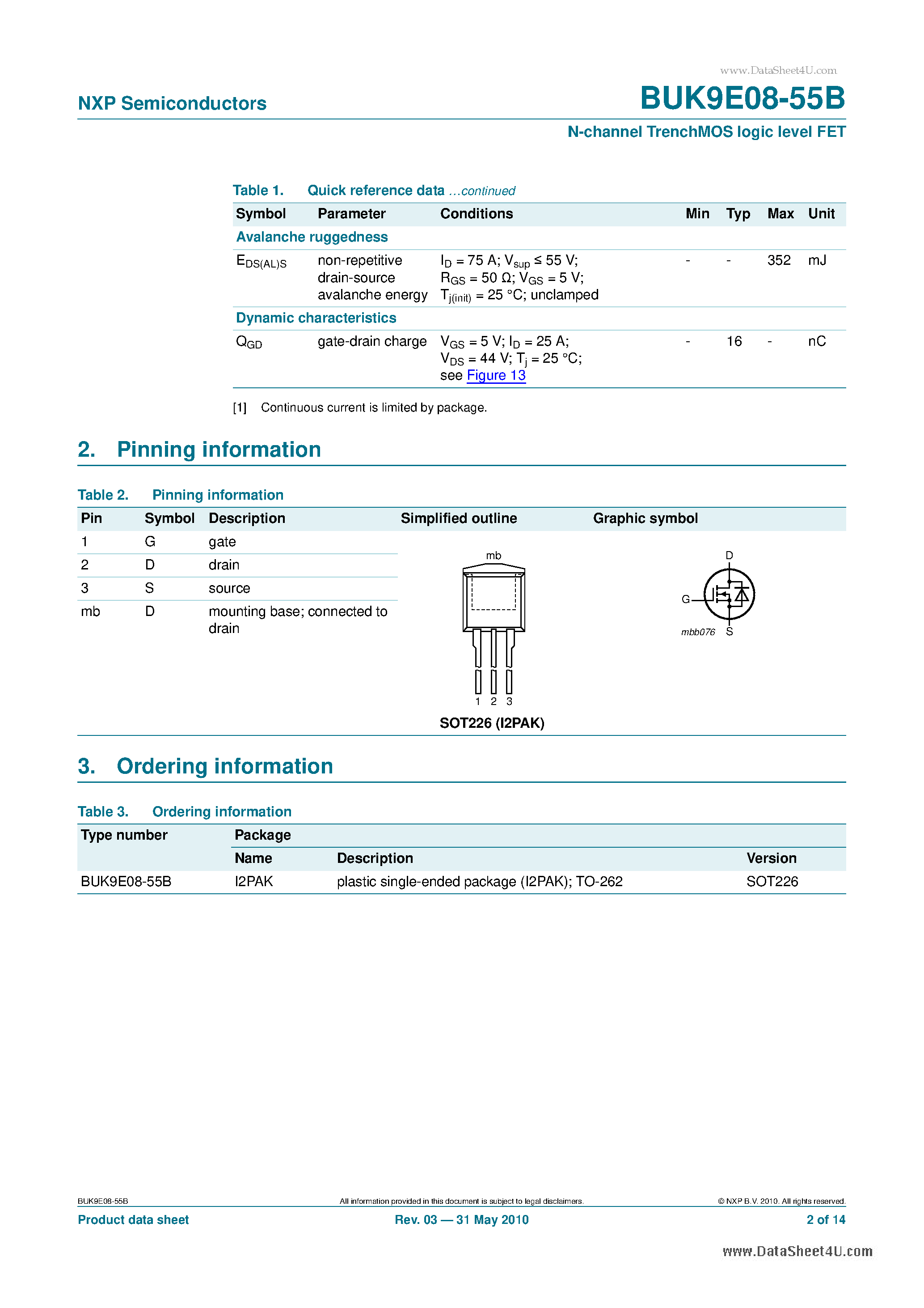 Datasheet BUK9E08-55B - N-channel TrenchMOS Logic Level FET page 2