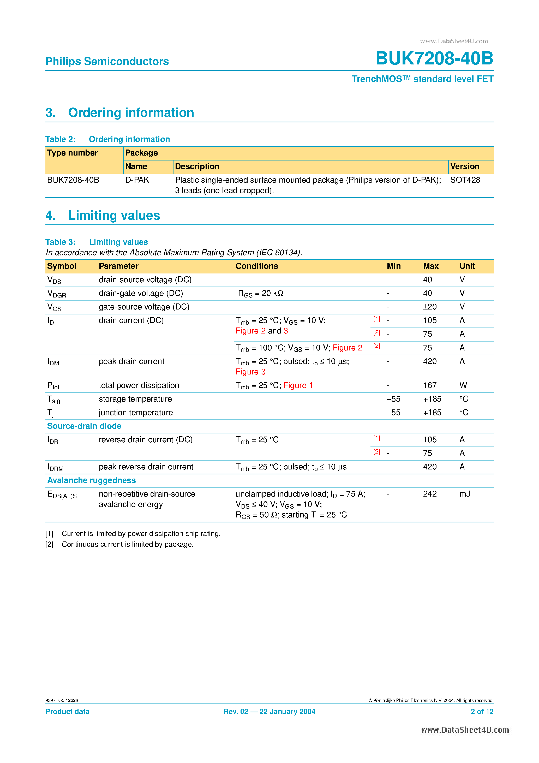 Даташит BUK7208-40B - TrenchMOS standard level FET страница 2