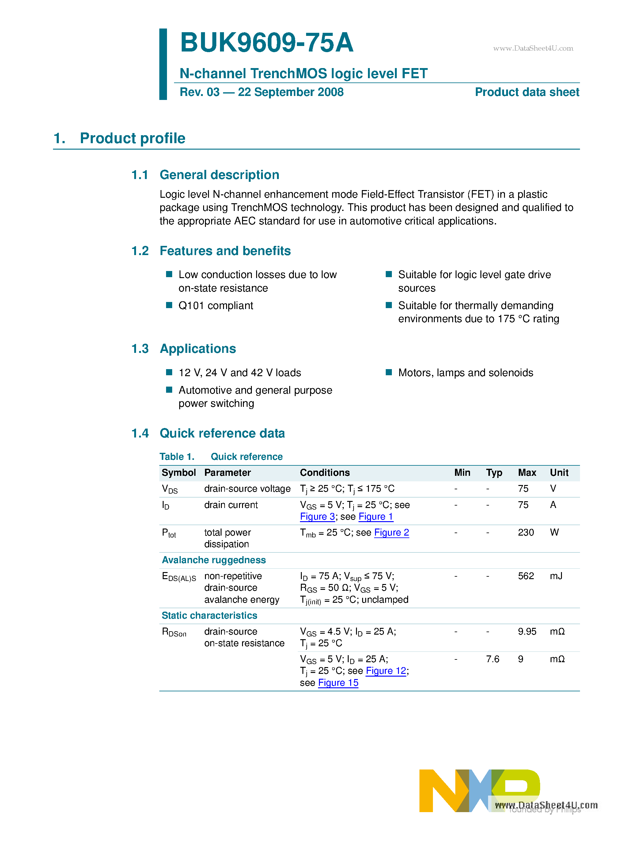 Datasheet BUK9609-75A - N-channel TrenchMOS logic level FET page 1