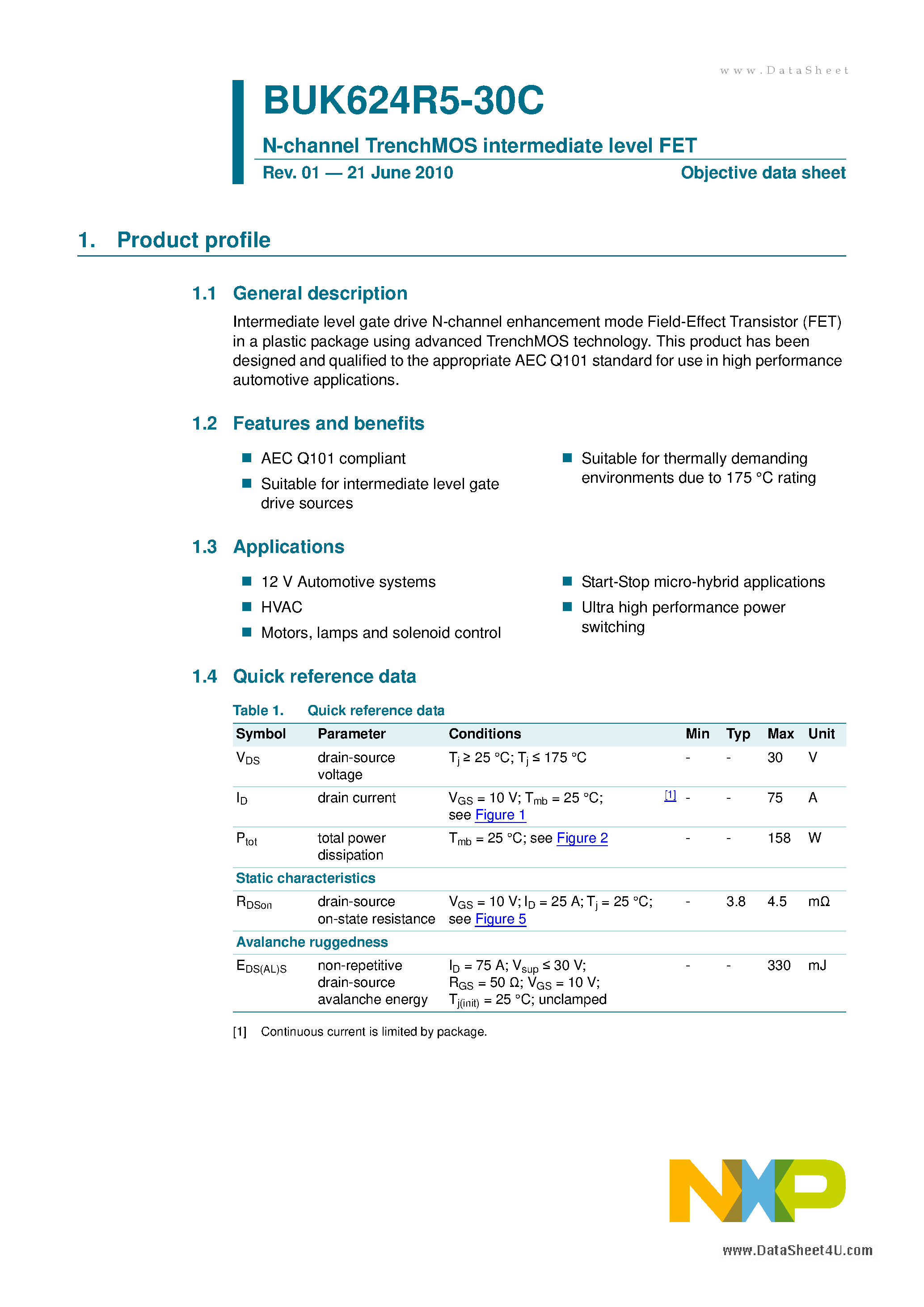 Datasheet BUK624R5-30C - N-channel TrenchMOS Intermediate Level FET page 1