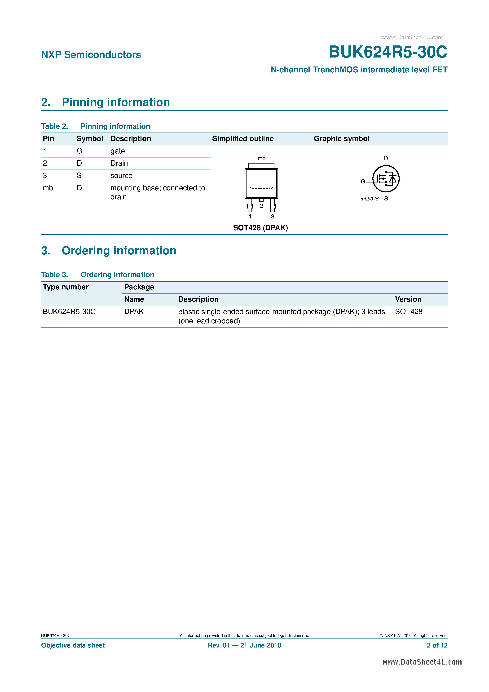 Datasheet BUK624R5-30C - N-channel TrenchMOS Intermediate Level FET page 2