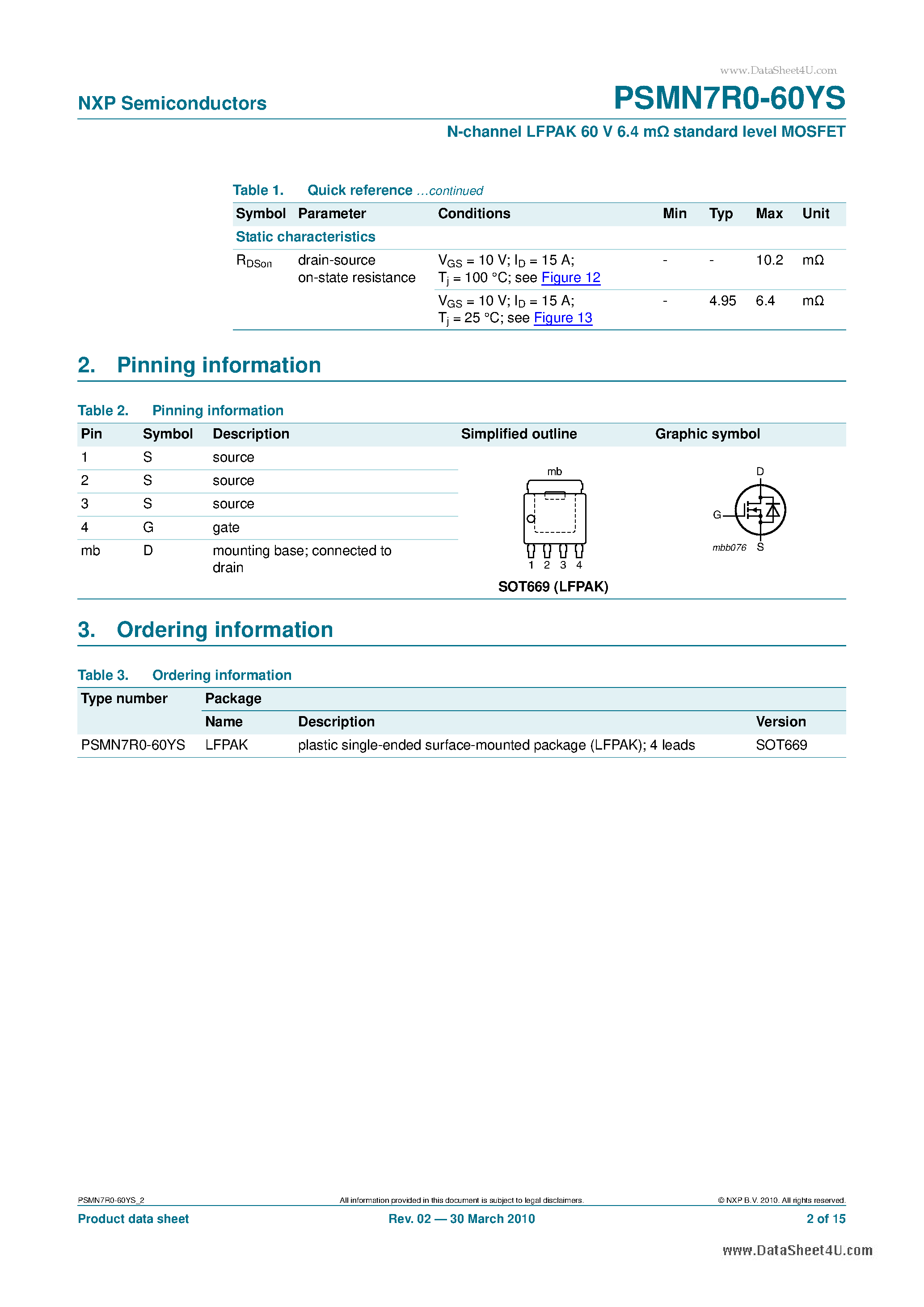 Datasheet PSMN7R0-60YS page 2 Datasheet PSMN7R0-60YS - N-channel LFPAK 60V 6.4mOhm standard level MOSFET page 2