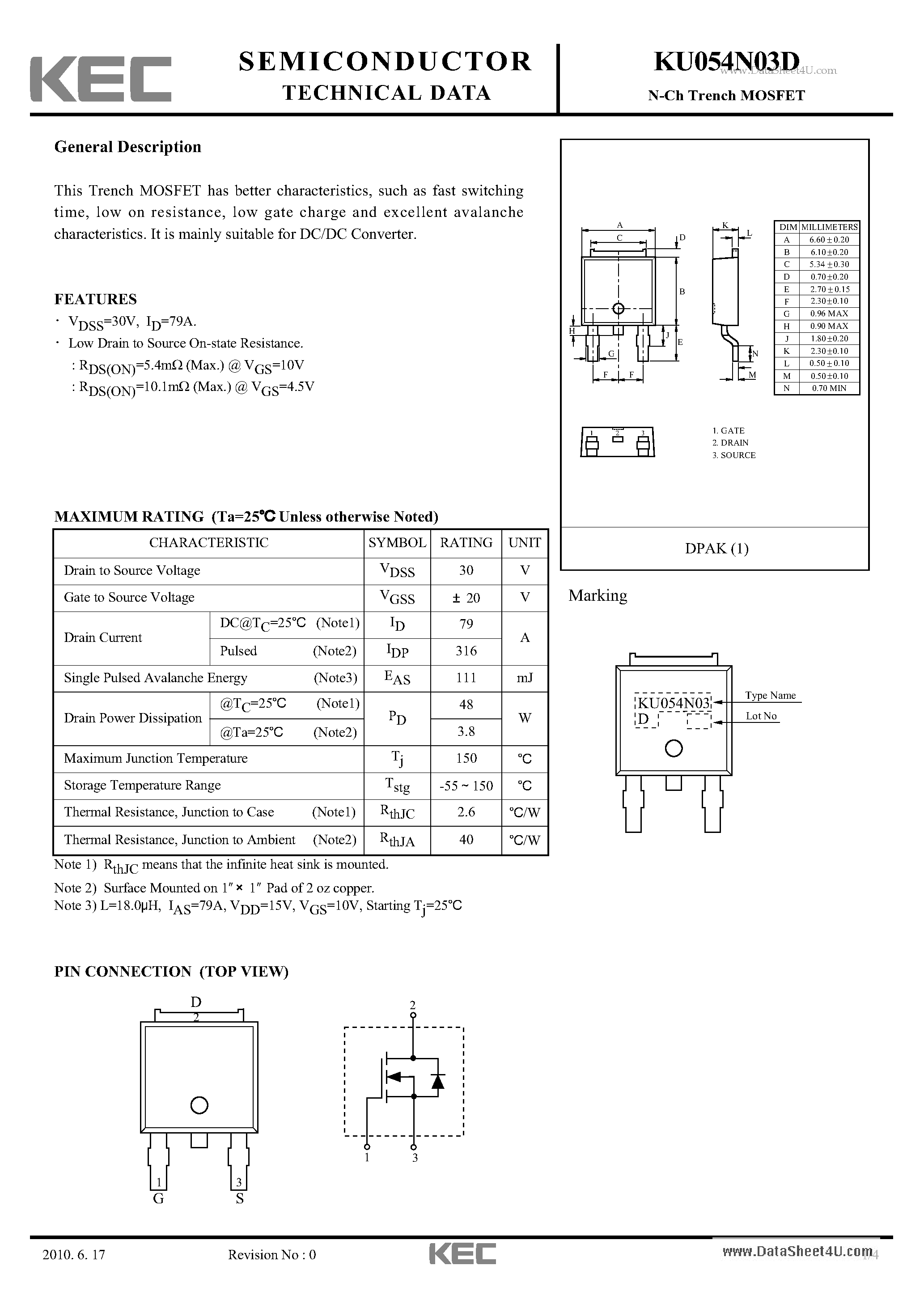 Datasheet KU054N03D - N-Ch Trench MOSFET page 1