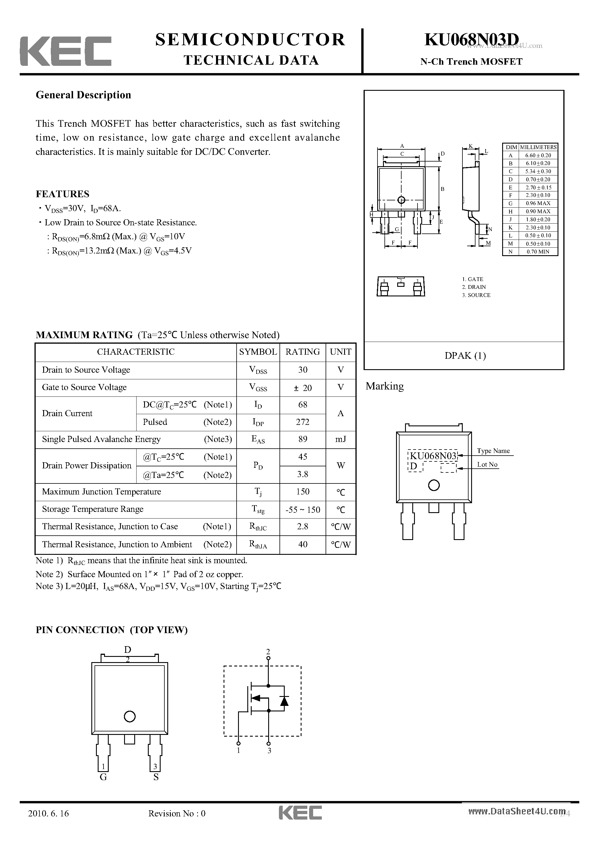 Datasheet KU068N03D - N-Ch Trench MOSFET page 1