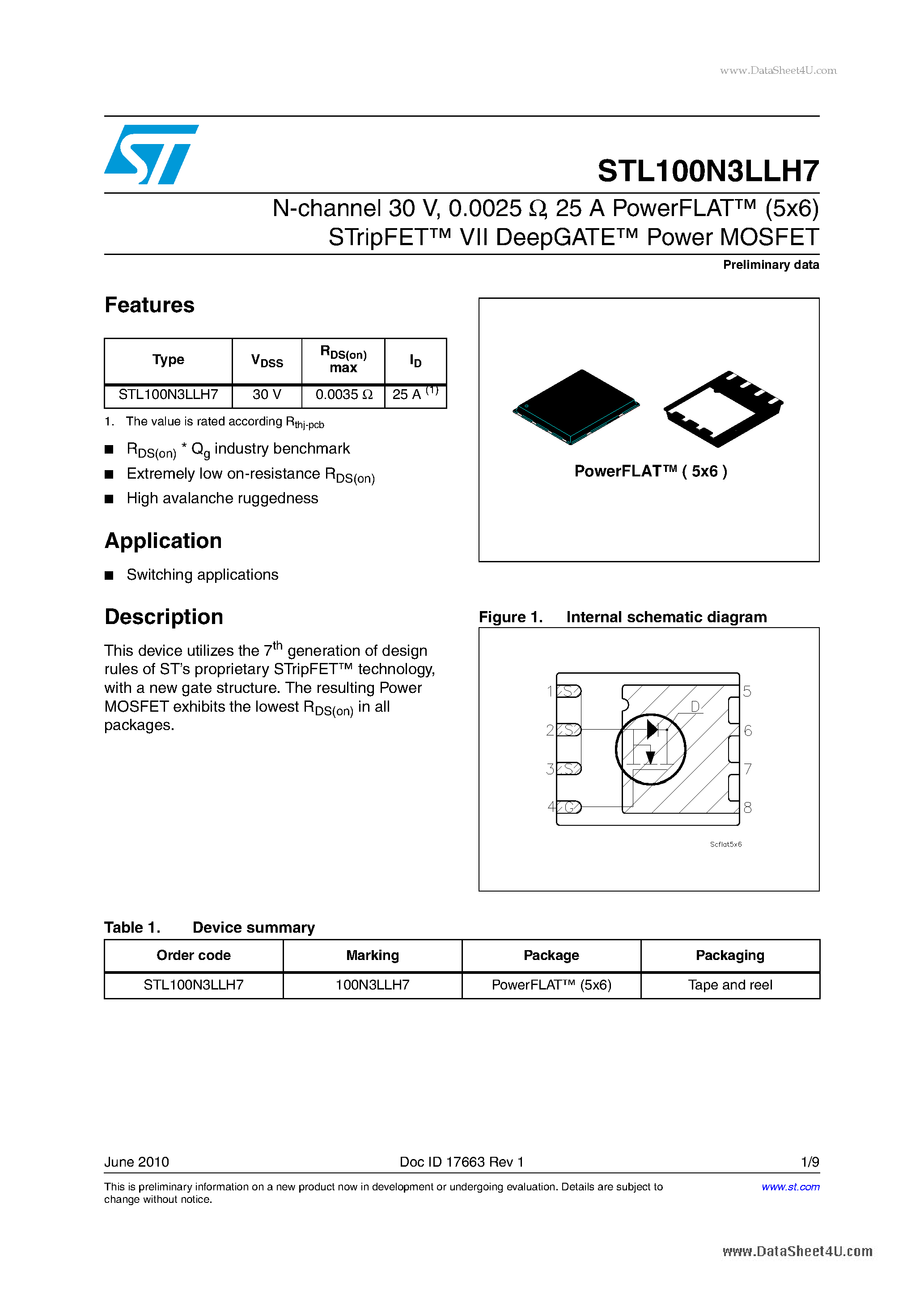 Datasheet STL100N3LLH7 page 1 Datasheet STL100N3LLH7 - Power MOSFETs N-channel 30V page 1