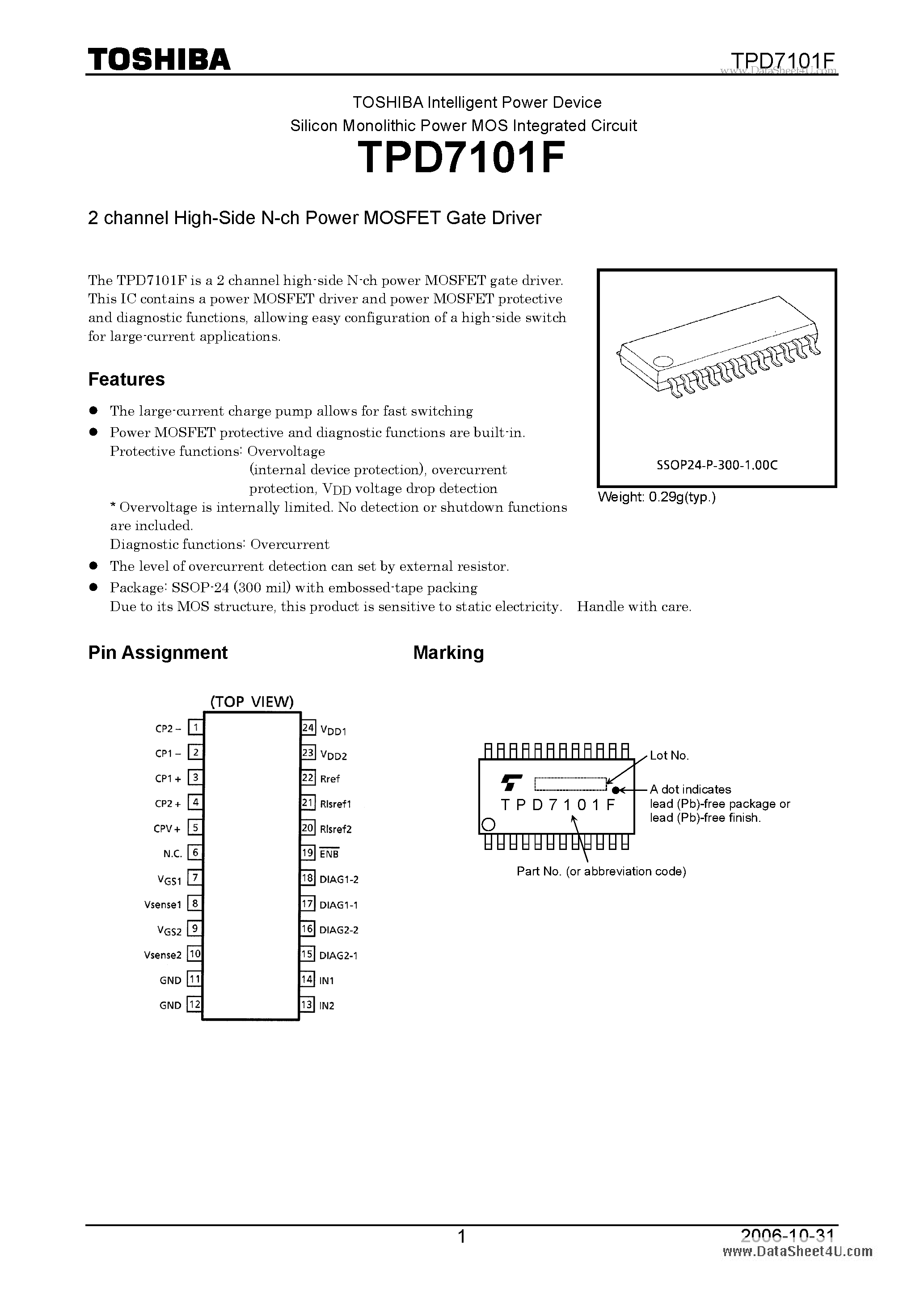 Datasheet TPD7101F page 1 Datasheet TPD7101F - 2 channel High-Side N-ch Power MOSFET Gate Driver page 1