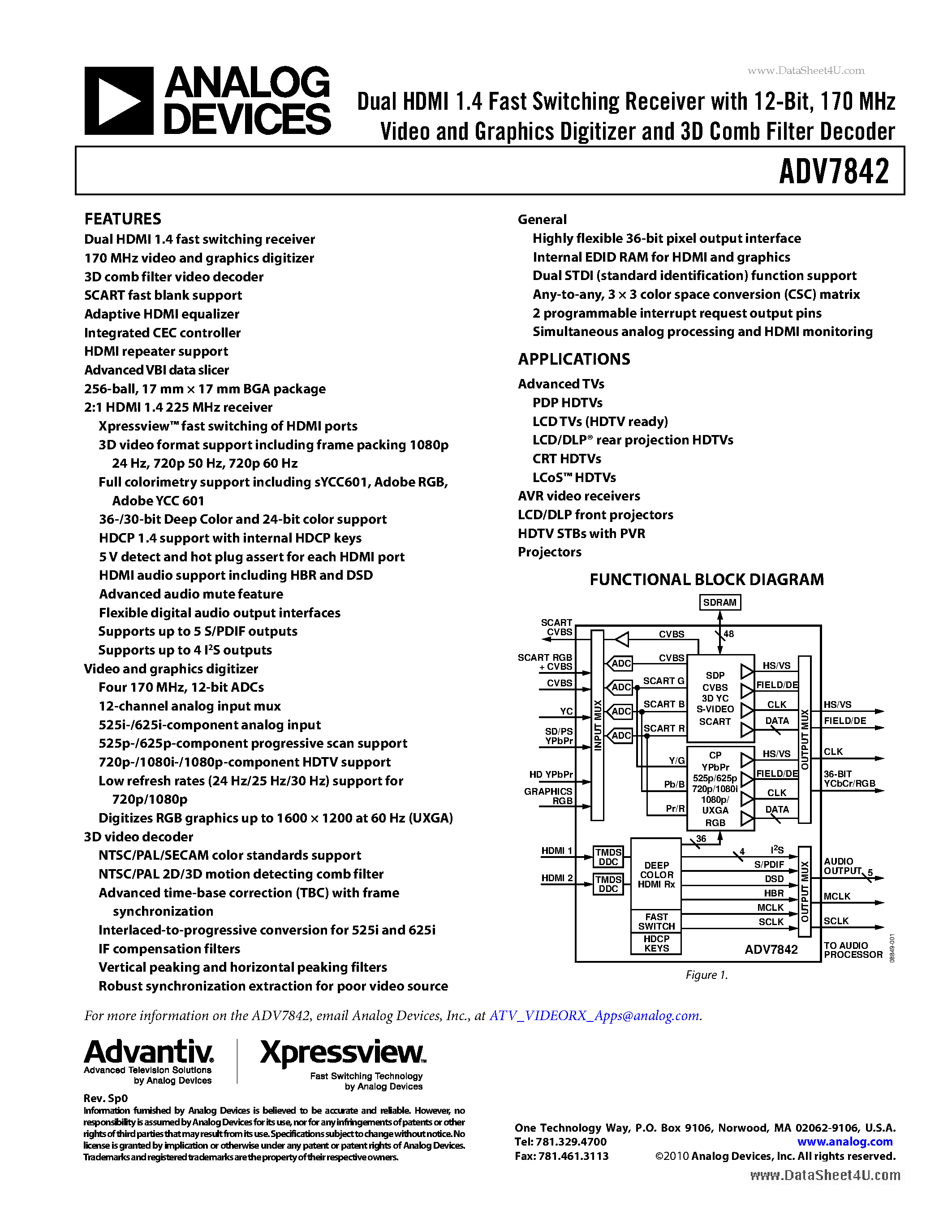 Даташит на микросхему ADV7842 страница 1 Даташит ADV7842 - Dual HDMI 1.4 Fast Switching Receiver страница 1