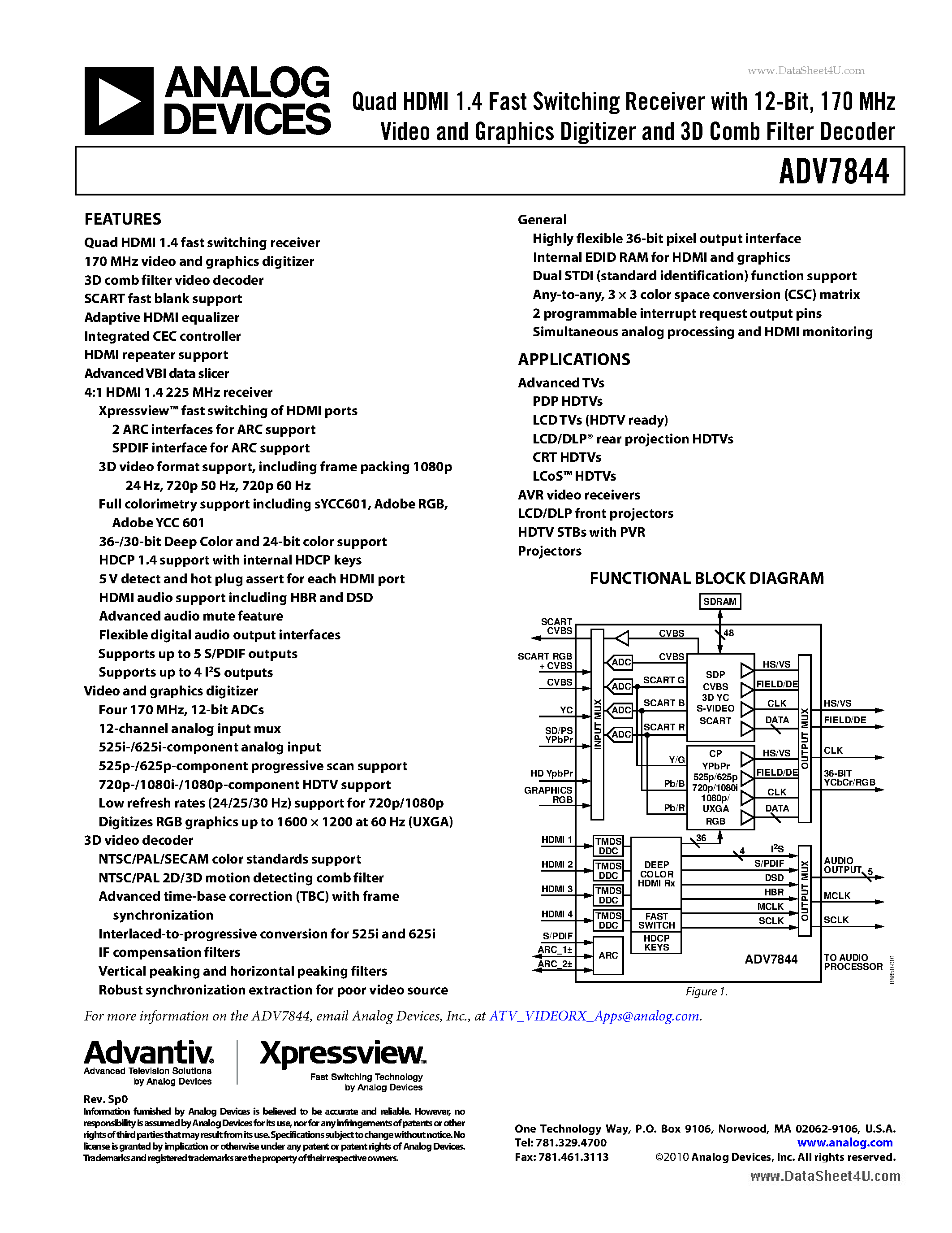 Даташит ADV7844 - Quad HDMI 1.4 Fast Switching Receiver страница 1