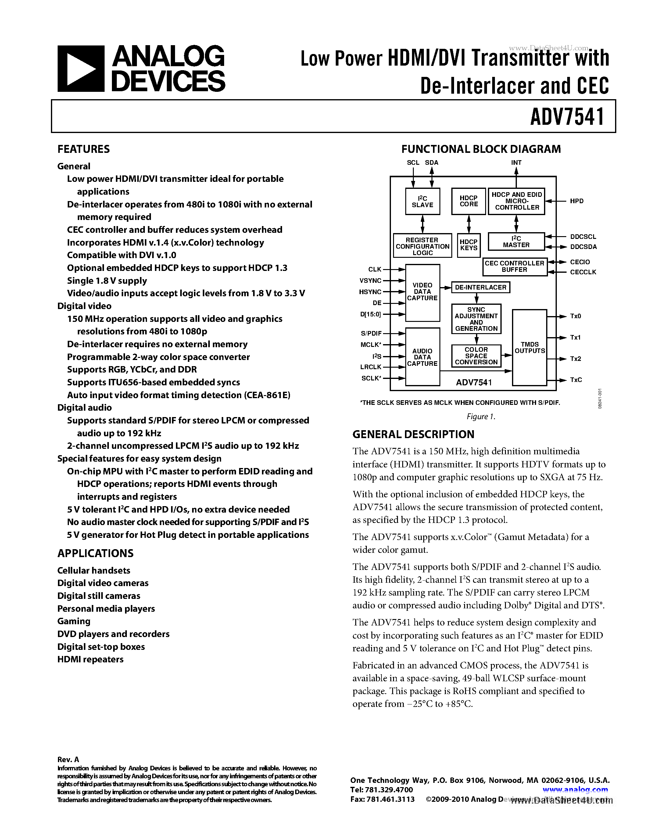 Даташит ADV7541 - Low Power HDMI/DVI Transmitter страница 1