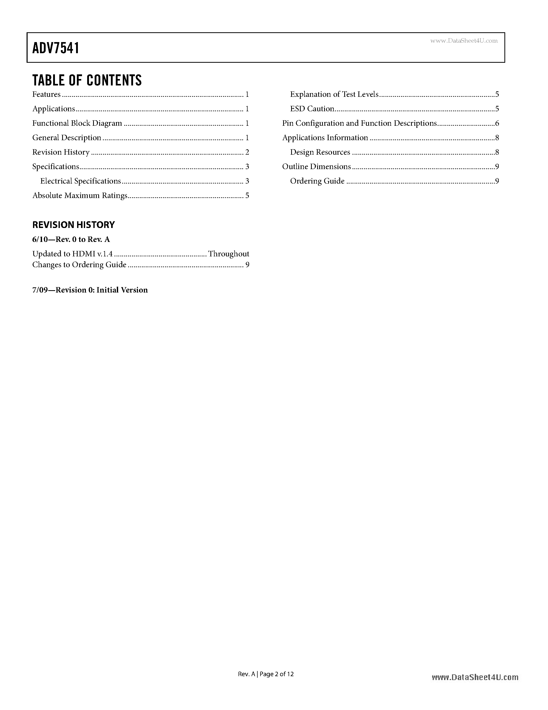 Даташит ADV7541 - Low Power HDMI/DVI Transmitter страница 2