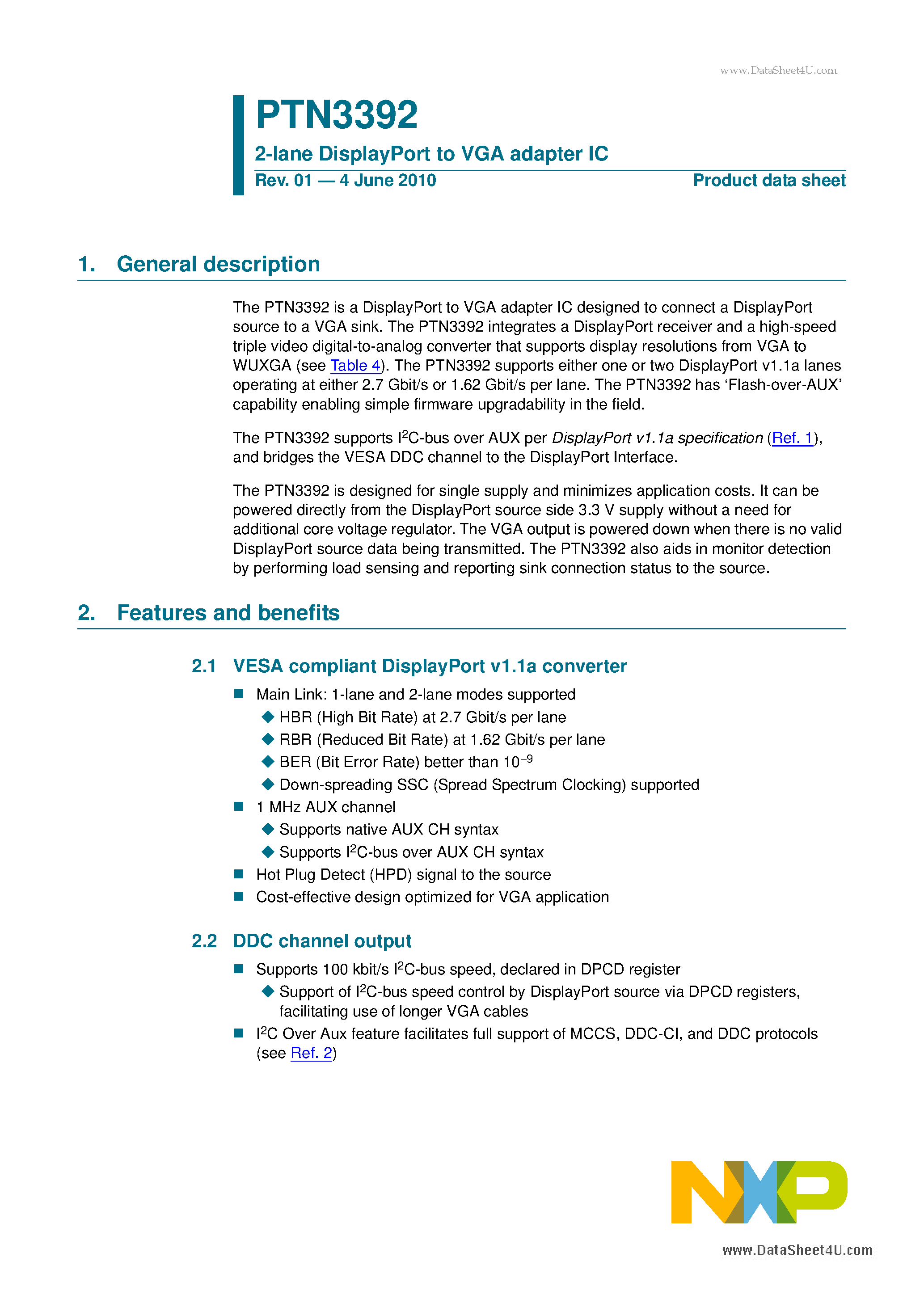 Datasheet PTN3392 - 2-lane DisplayPort To VGA Adapter IC page 1