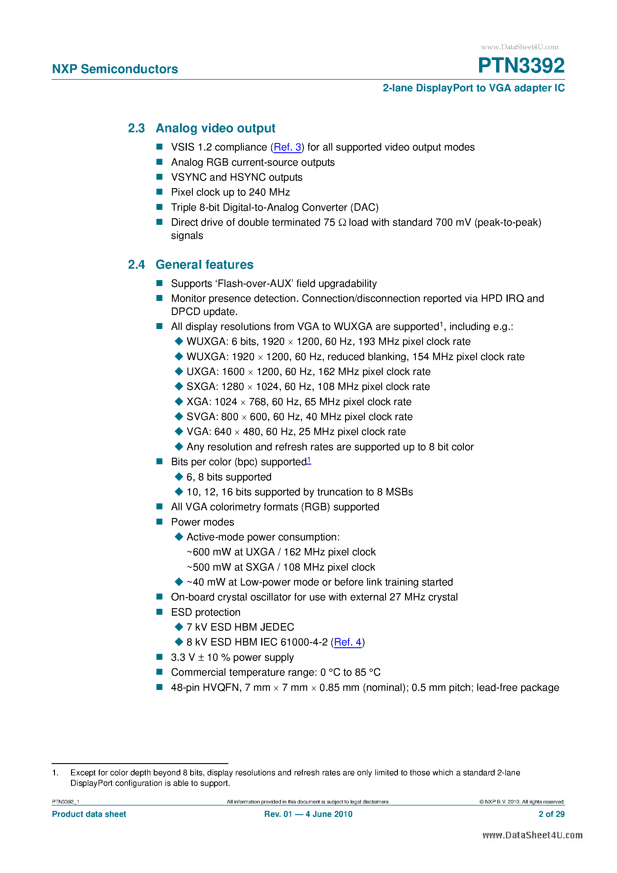 Datasheet PTN3392 - 2-lane DisplayPort To VGA Adapter IC page 2
