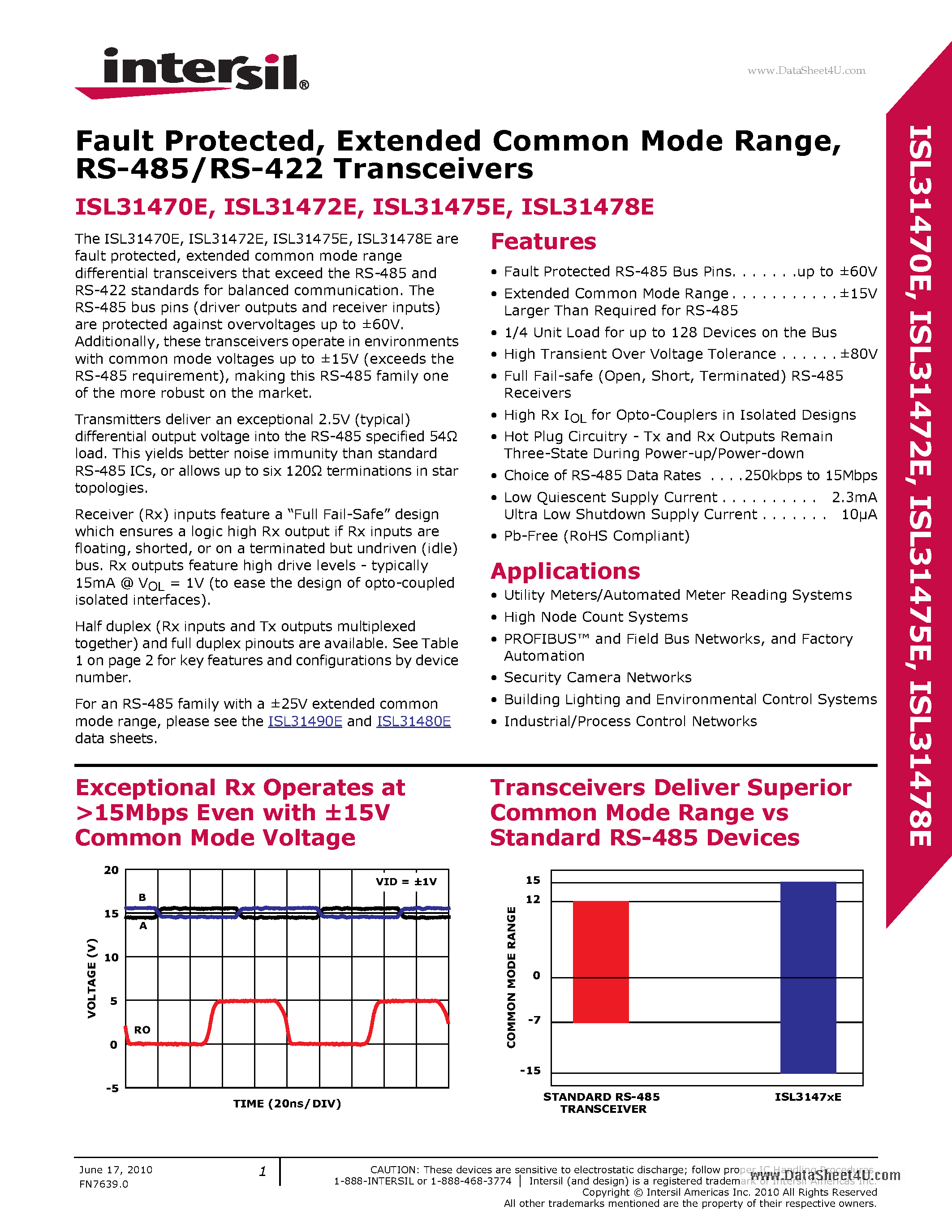 Datasheet ISL31470E - (ISL31470E - ISL31478E) RS-485/RS-422 Transceivers page 1