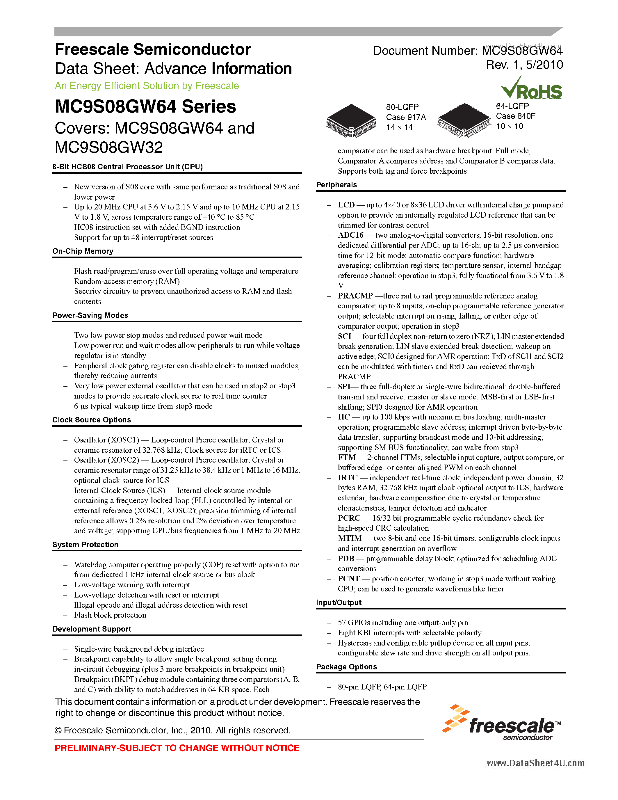 Даташит на микросхему MC9S08GW32 страница 1 Даташит MC9S08GW32 - 8-Bit CPU страница 1