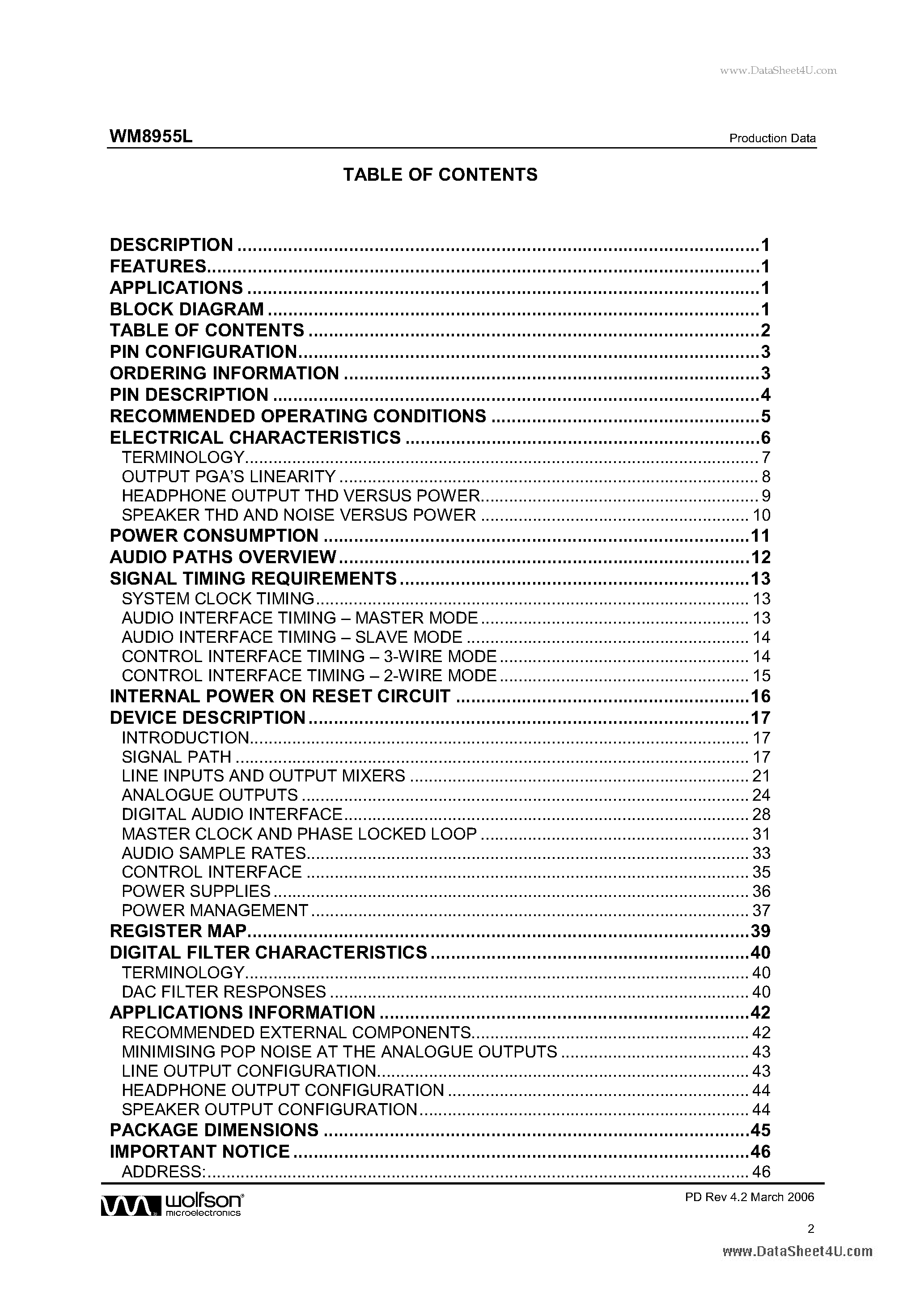 Datasheet WM8995L - Tereo DAC page 2