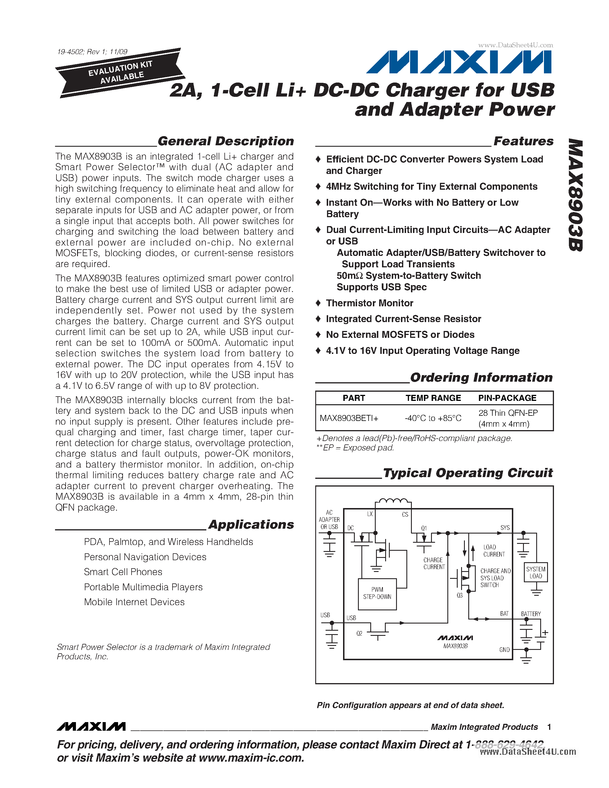 Datasheet MAX8903B - 1-Cell Li+ DC-DC Charger page 1