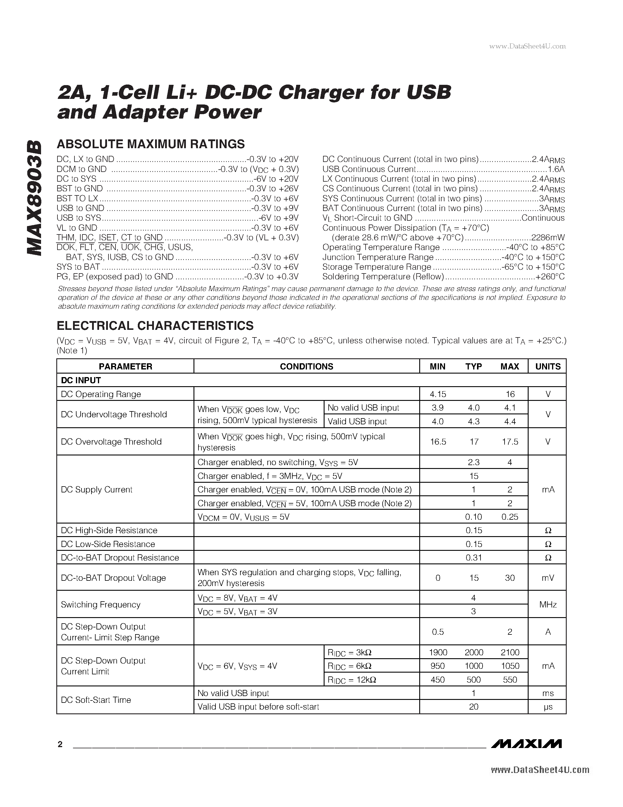 Datasheet MAX8903B - 1-Cell Li+ DC-DC Charger page 2