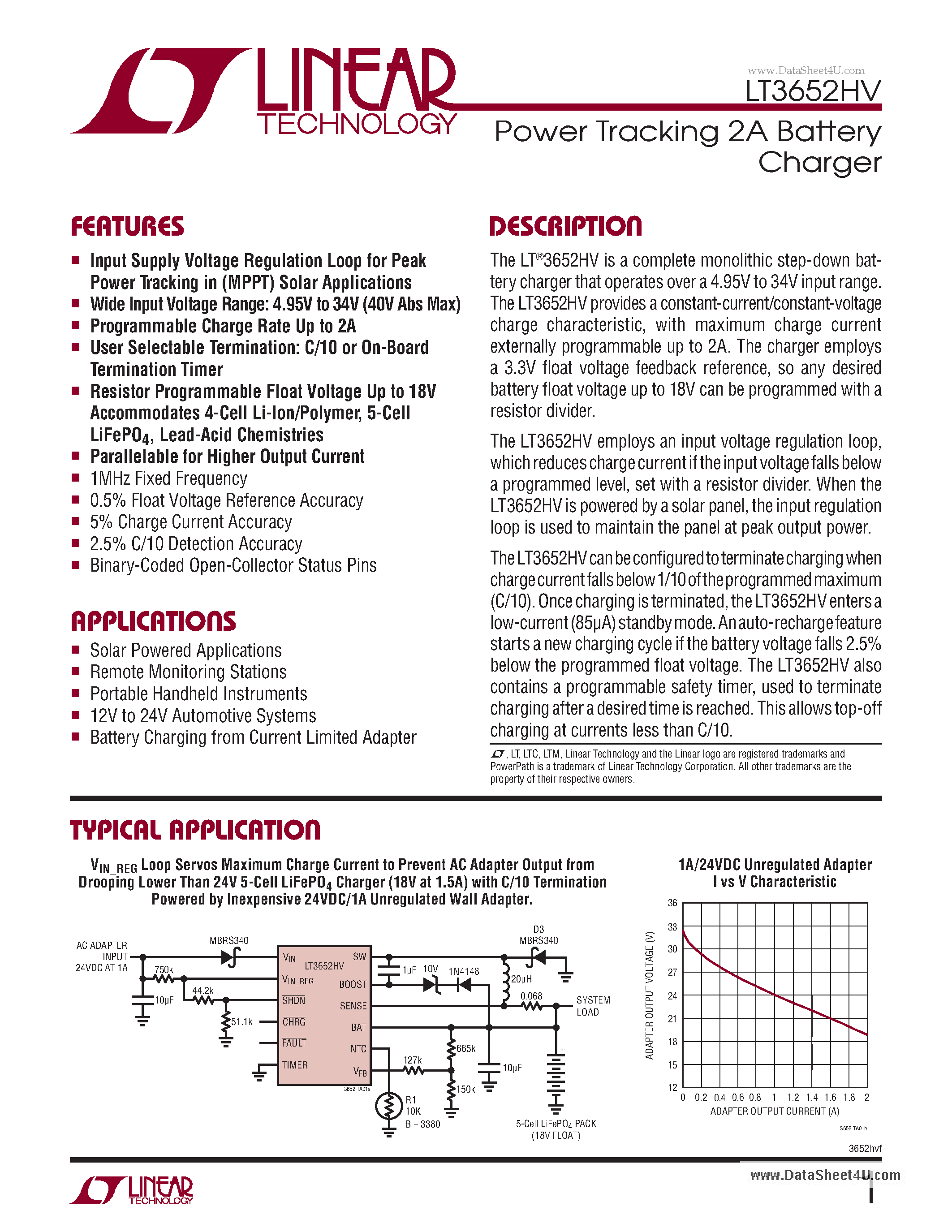 Datasheet LT3652HV - Power Tracking 2A Battery Charger page 1