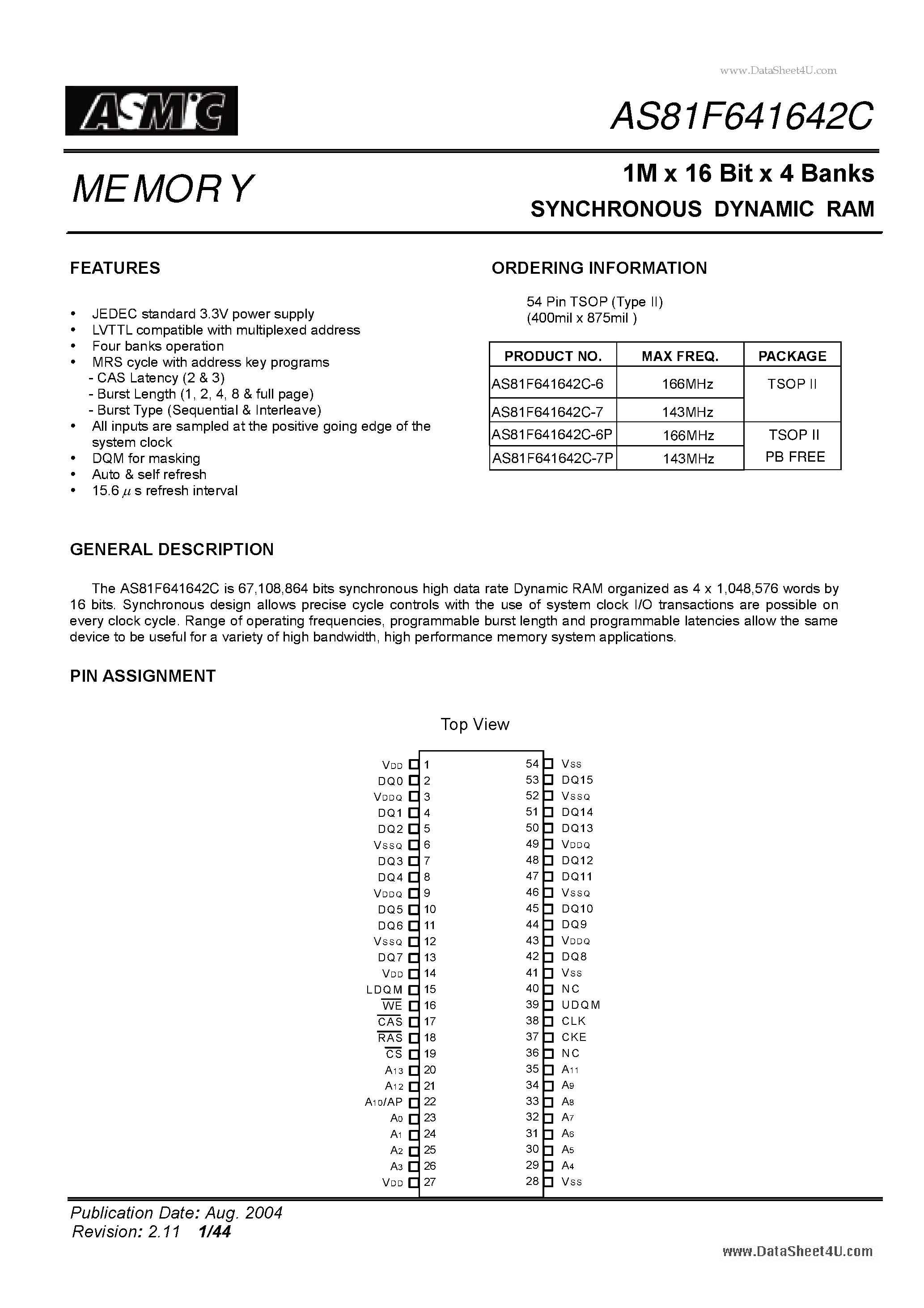 Datasheet AS81F641642C - 1M x 16 Bit x 4 Banks SYNCHRONOUS DYNAMIC RAM page 1