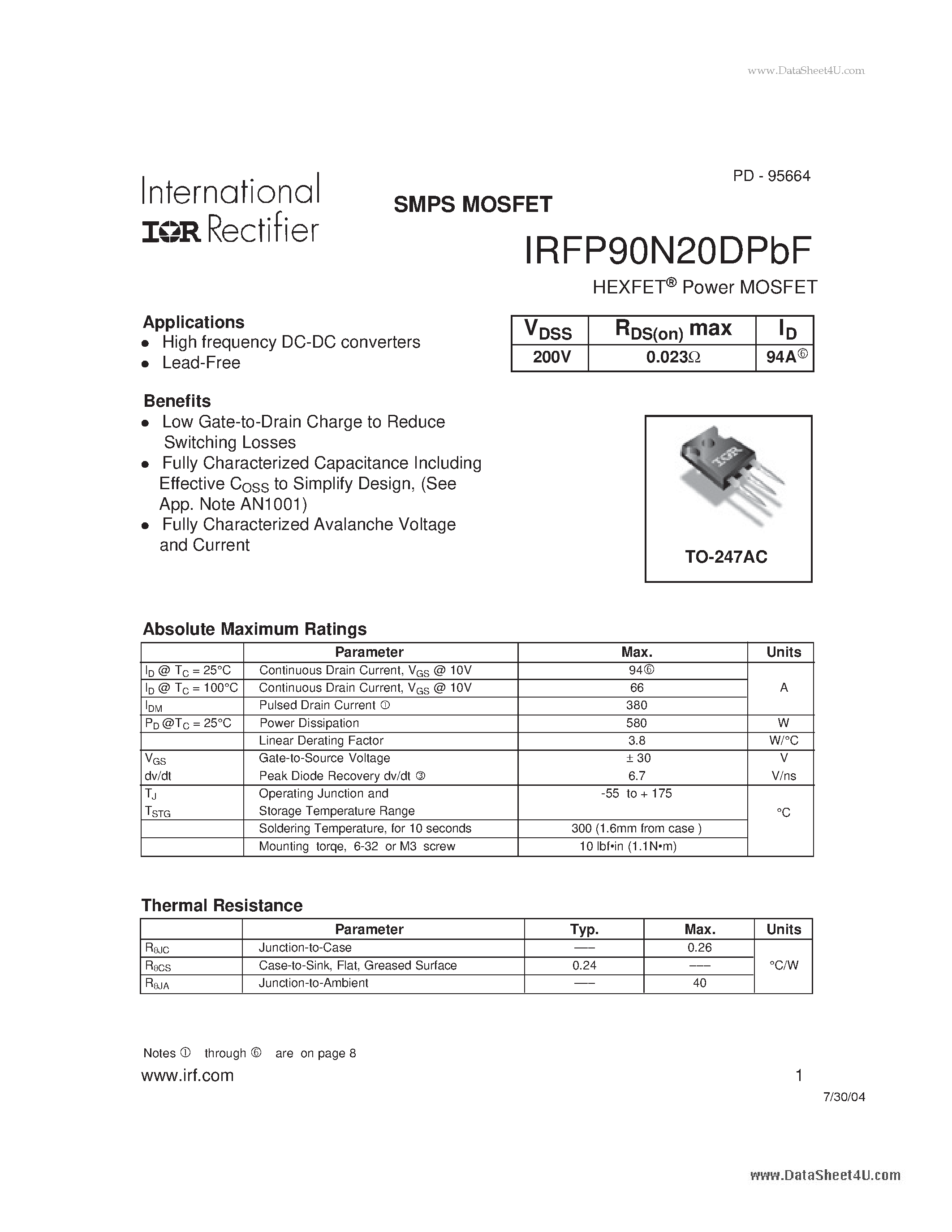 Даташит на микросхему 90N20DPBF страница 1 Даташит 90N20DPBF - Search -----> IRFP90N20DPBF страница 1