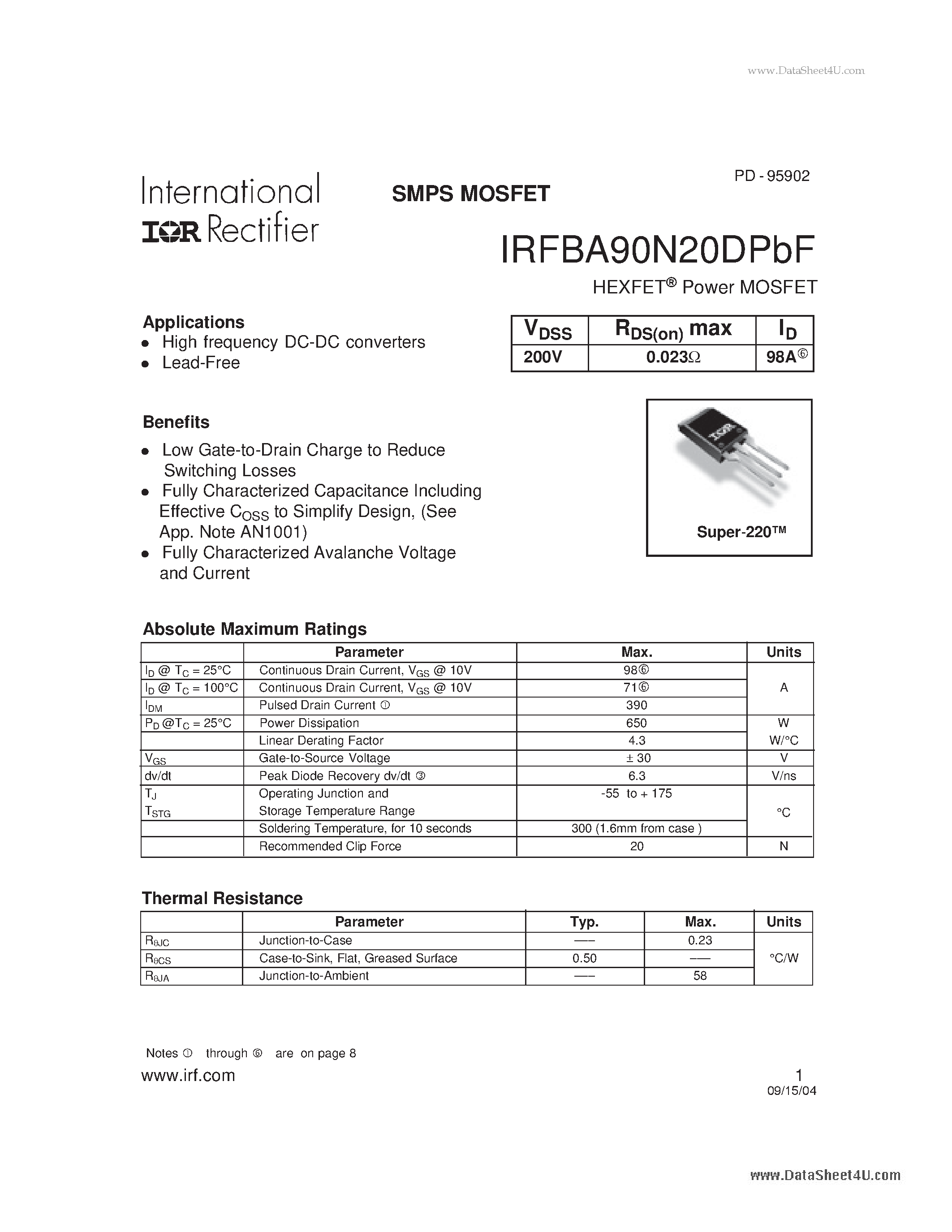 Datasheet IRFBA90N20DPBF - Power MOSFET page 1