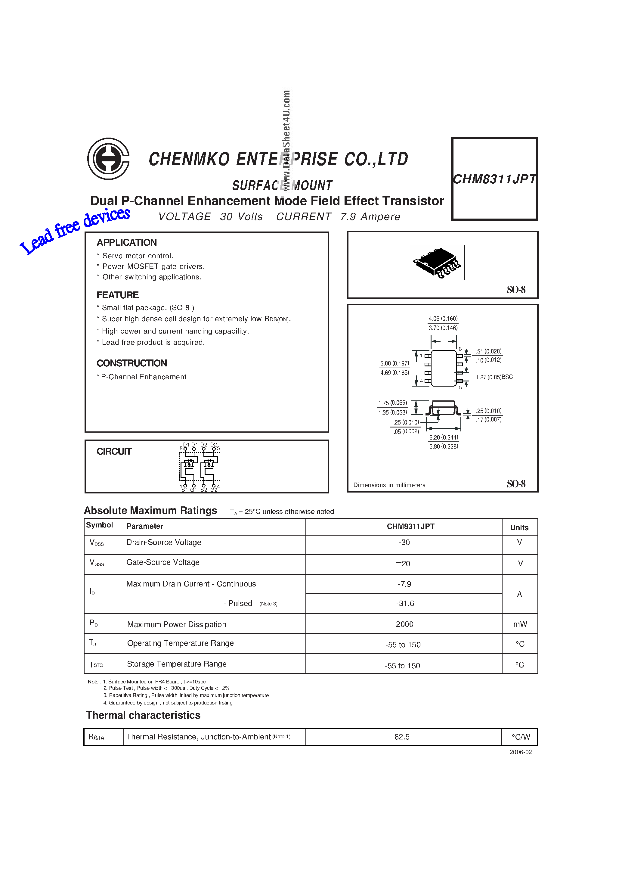 Datasheet CHM8311JPT - Dual P-channel Enhancement Mode Field Effect Transistor page 1