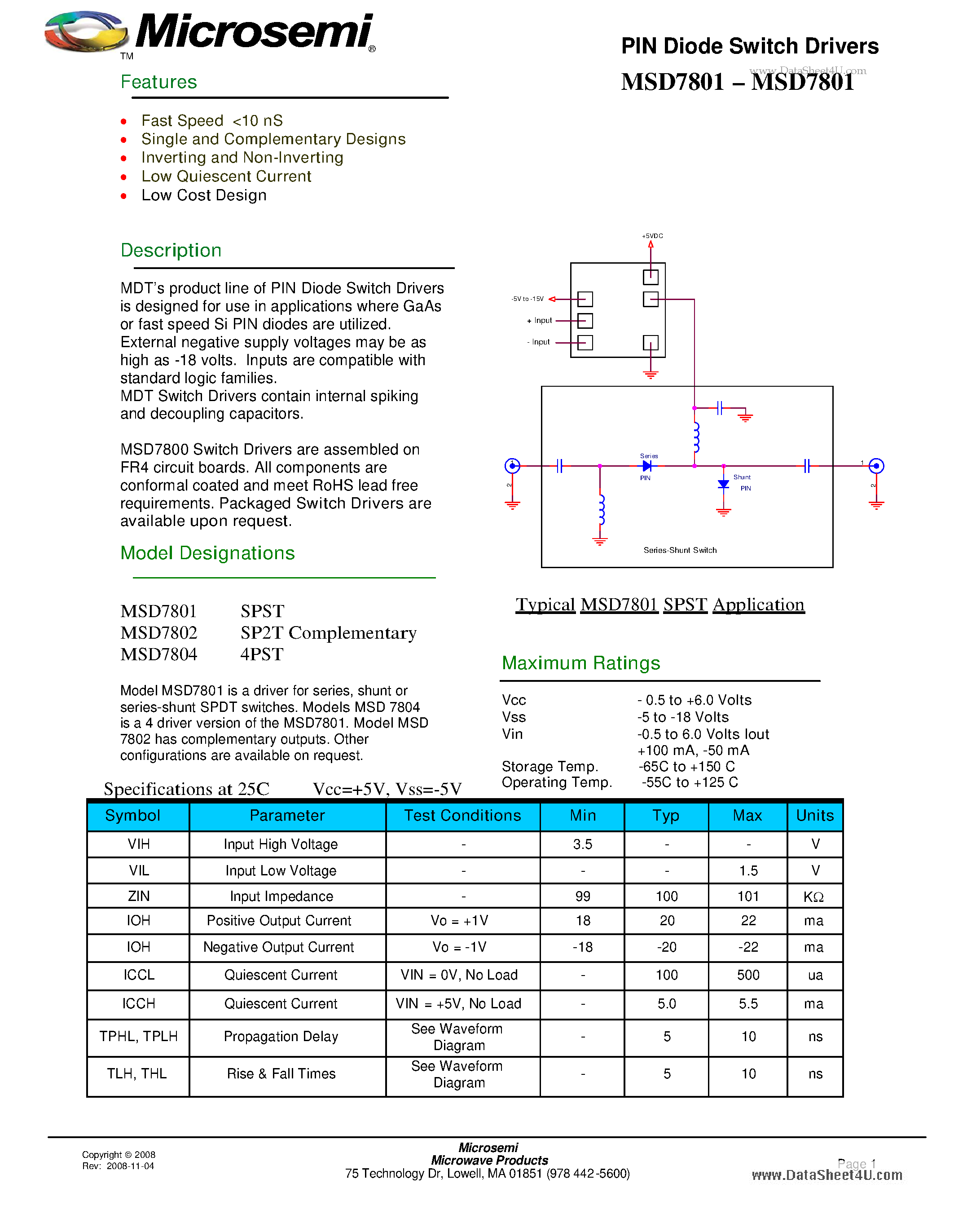 Datasheet MSD7801 page 1 Datasheet MSD7801 - PIN Diode Switch Drivers page 1