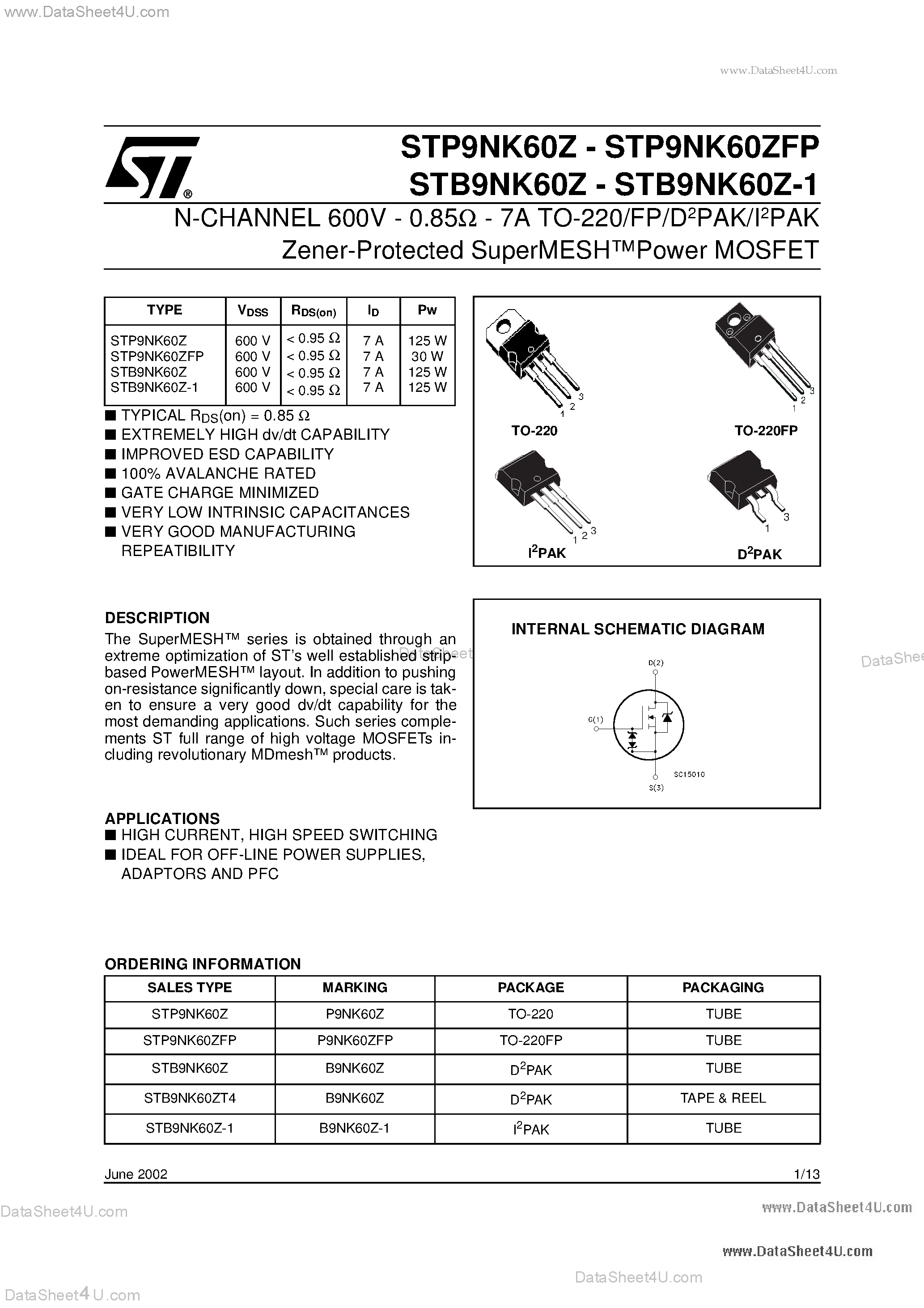 Datasheet P9NK60Z - Search -----> STP9NK60Z page 1