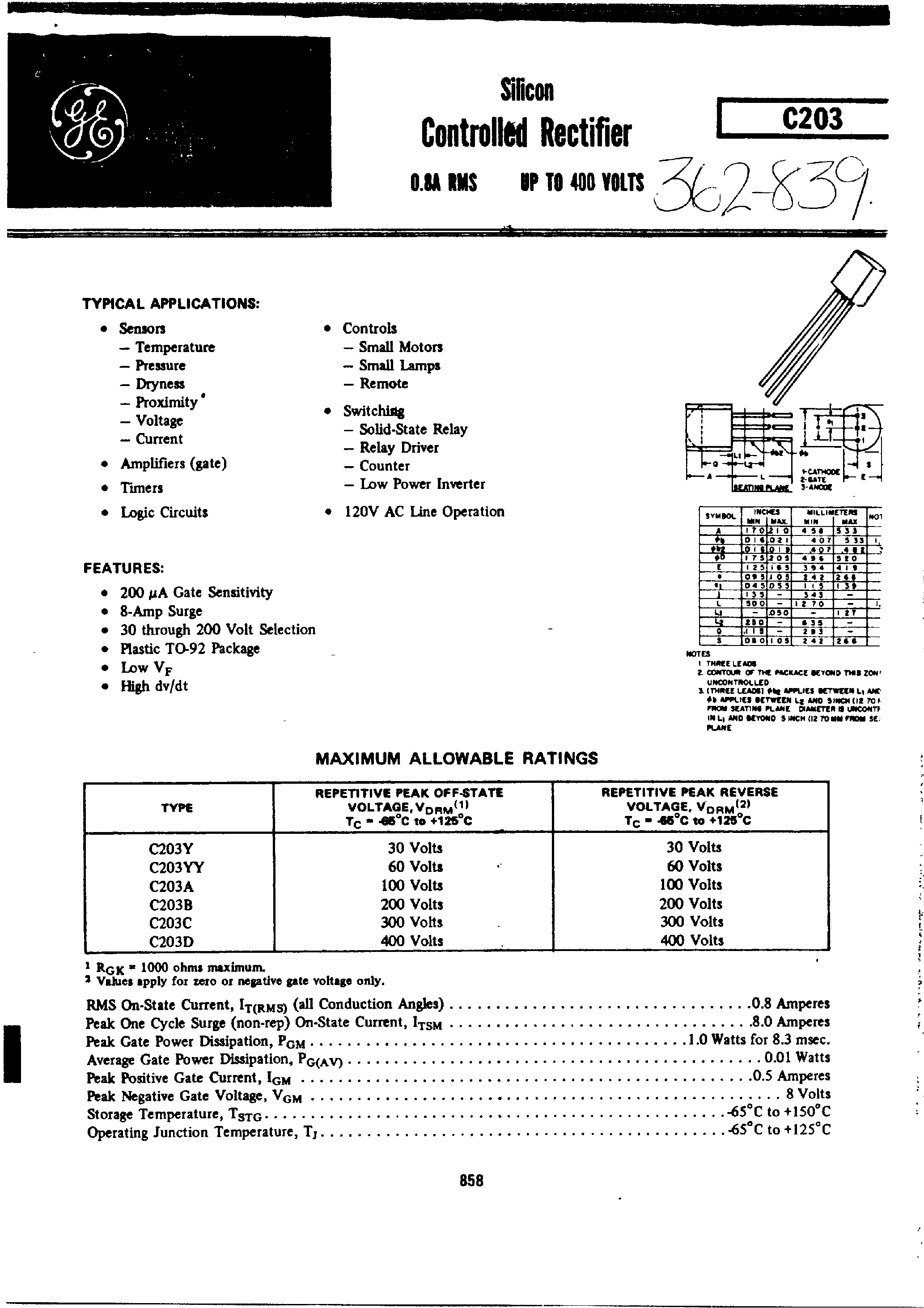 Datasheet C203A - Silicon Controlled Rectifier page 1