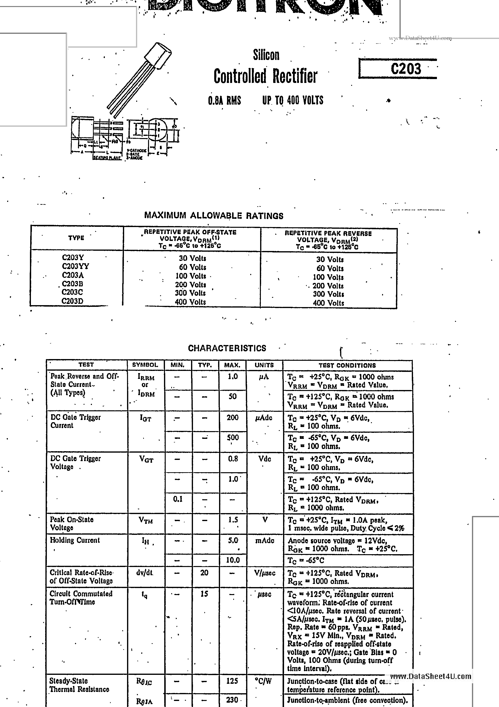 Datasheet C203A page 1 Datasheet C203A - Silicon Controlled Rectifier page 1