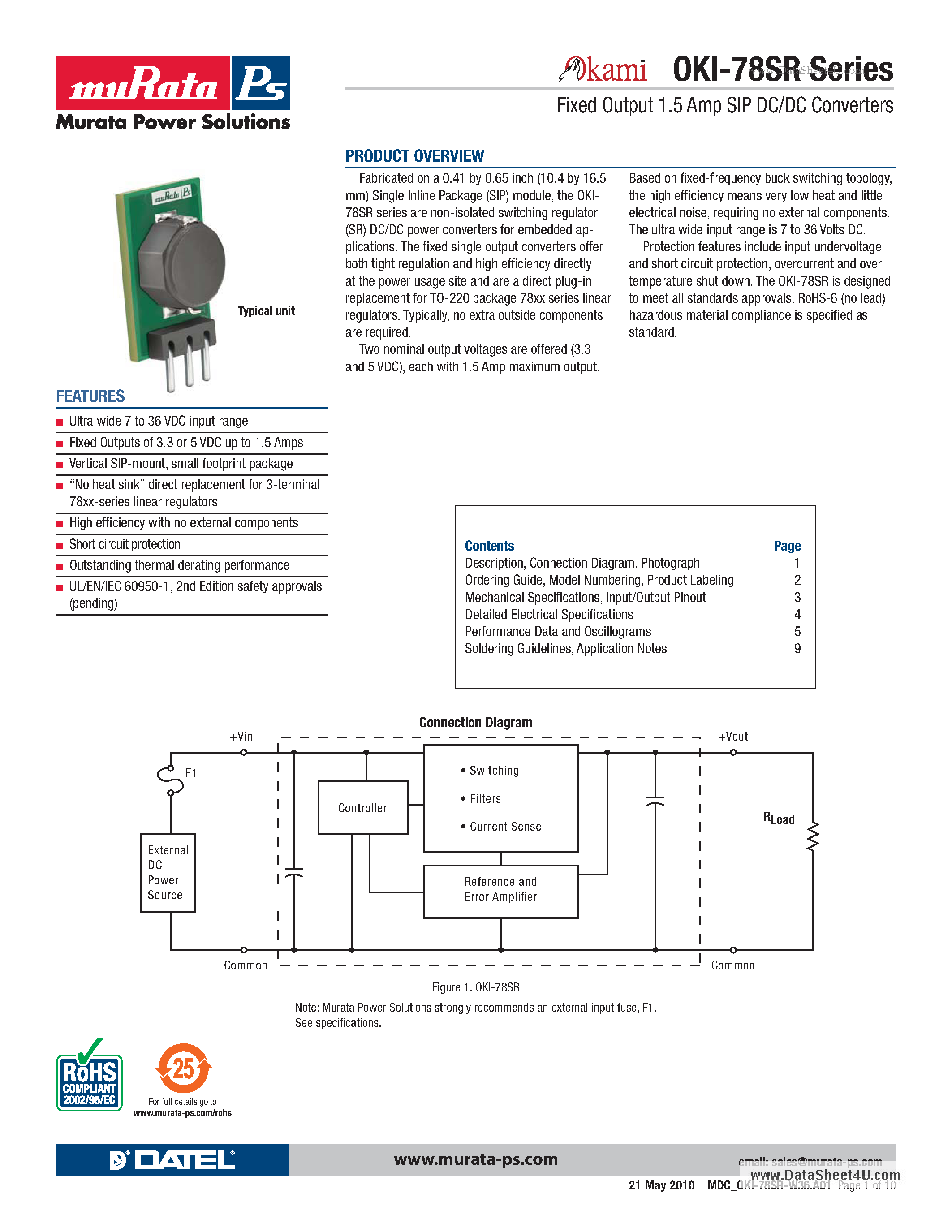Datasheet OKI-78SR - Fixed Output 1.5 Amp SIP DC/DC Converters page 1