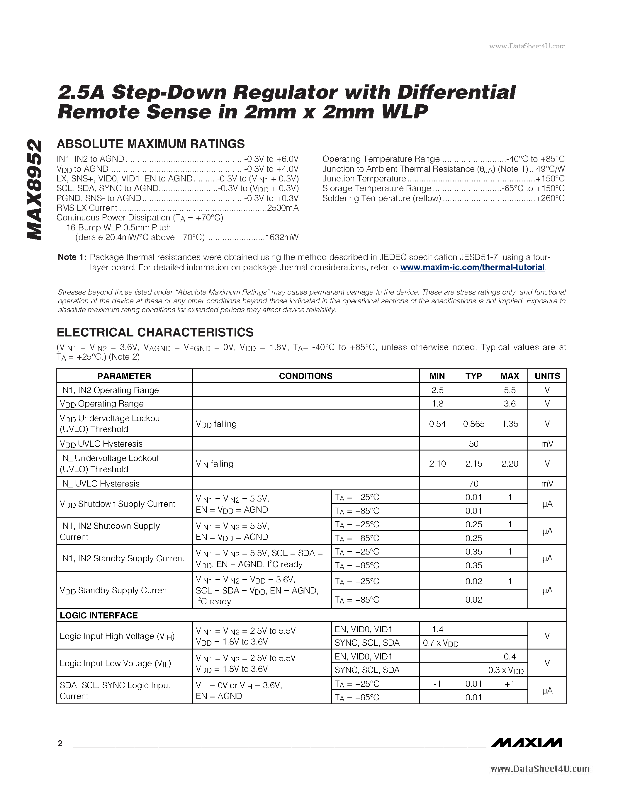 Datasheet MAX8952 - 2.5A Step-Down Regulator page 2