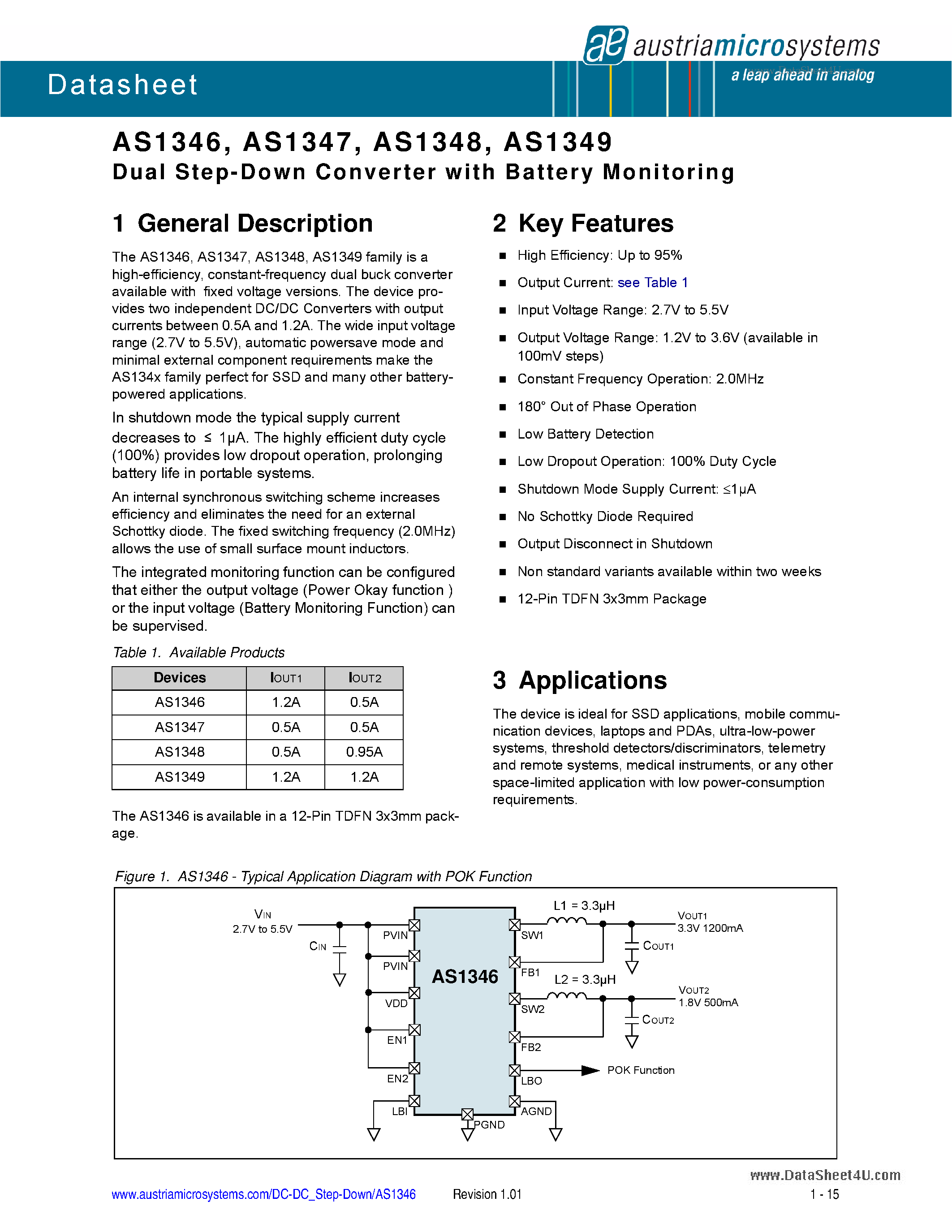 Даташит на микросхему AS1346 страница 1 Даташит AS1346 - (AS1346 - AS1349) Dual Step Down Converter страница 1