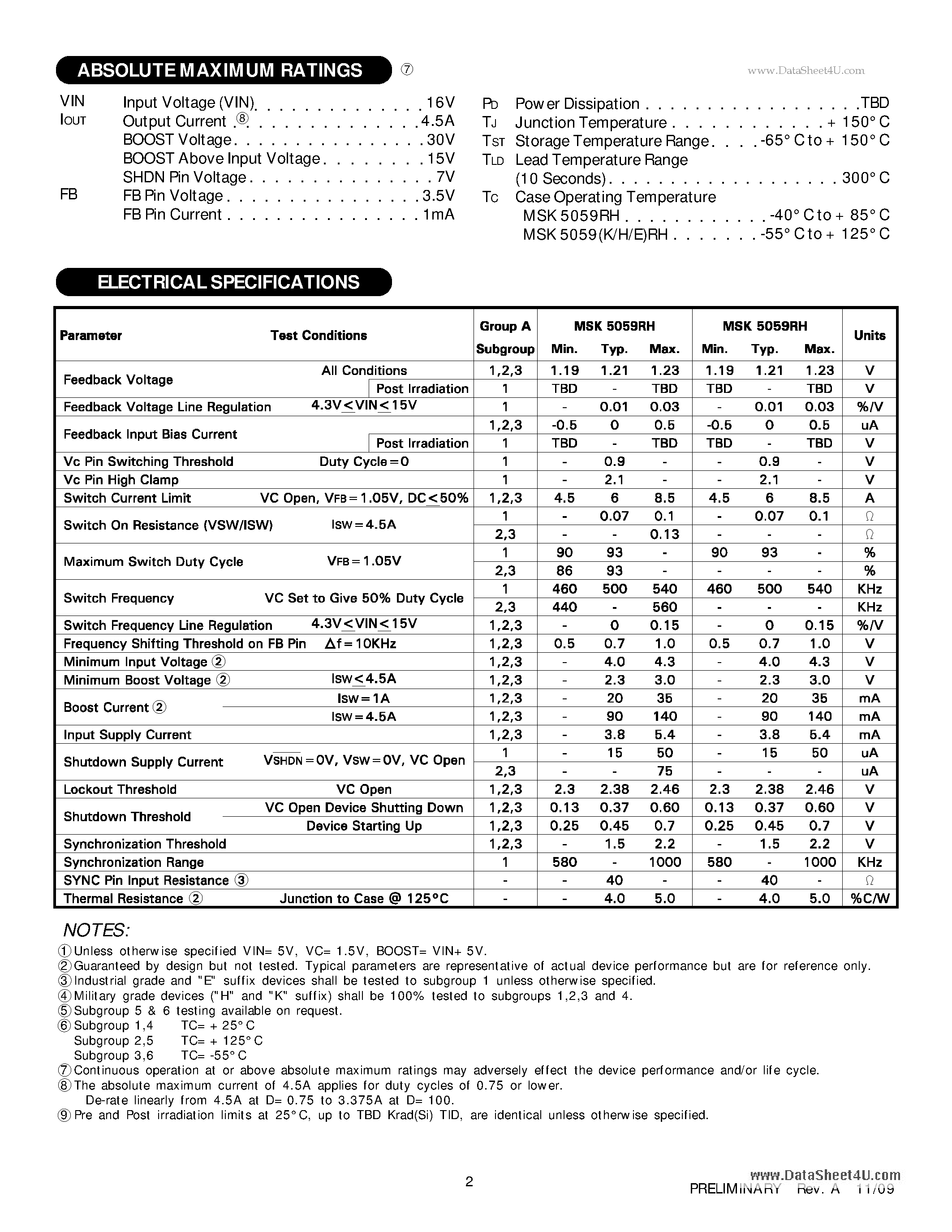 Datasheet MSK5059RH - 4.5A 500KHz Step Down Switching Regulator Controller page 2