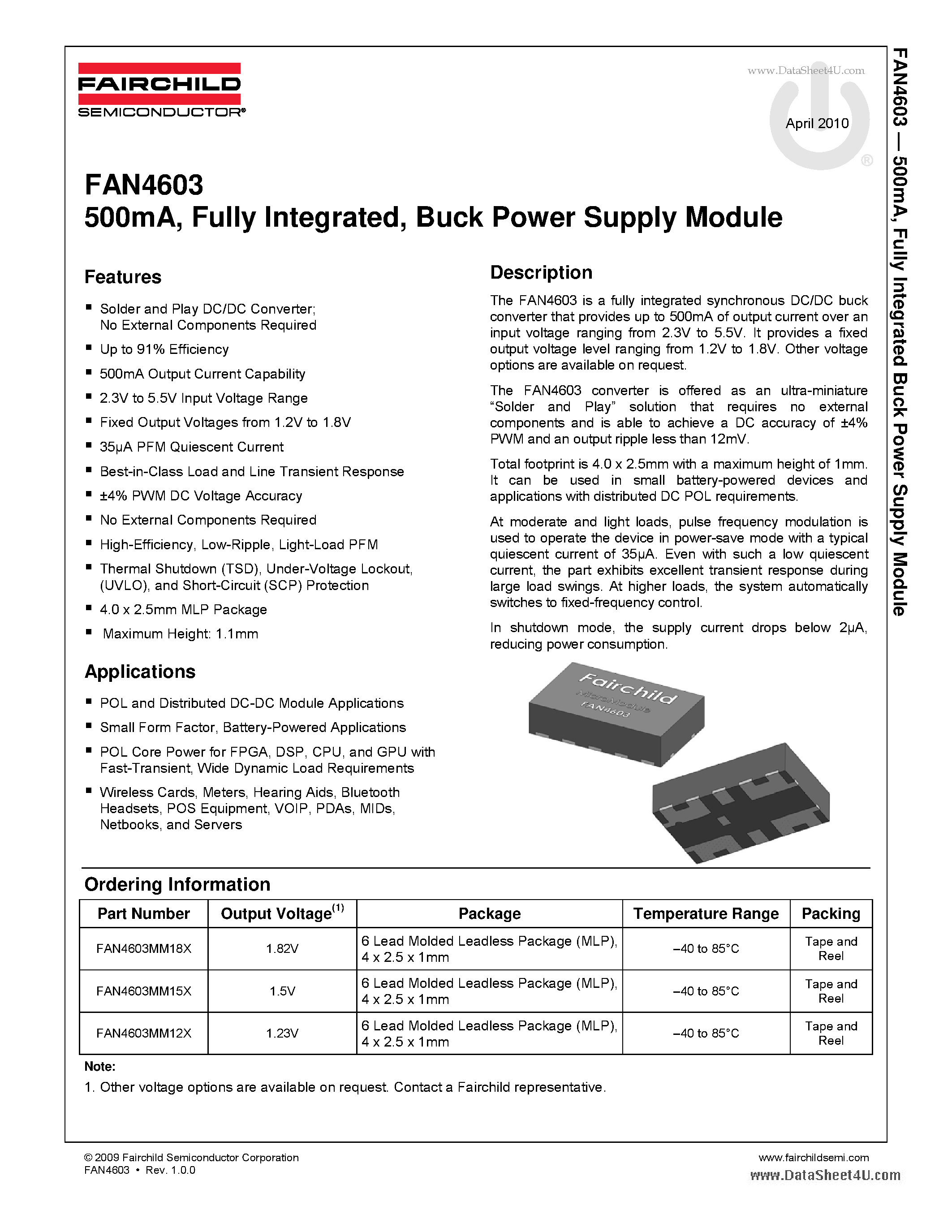 Datasheet FAN4603 - 500mA Synchronous Buck Regulator page 1