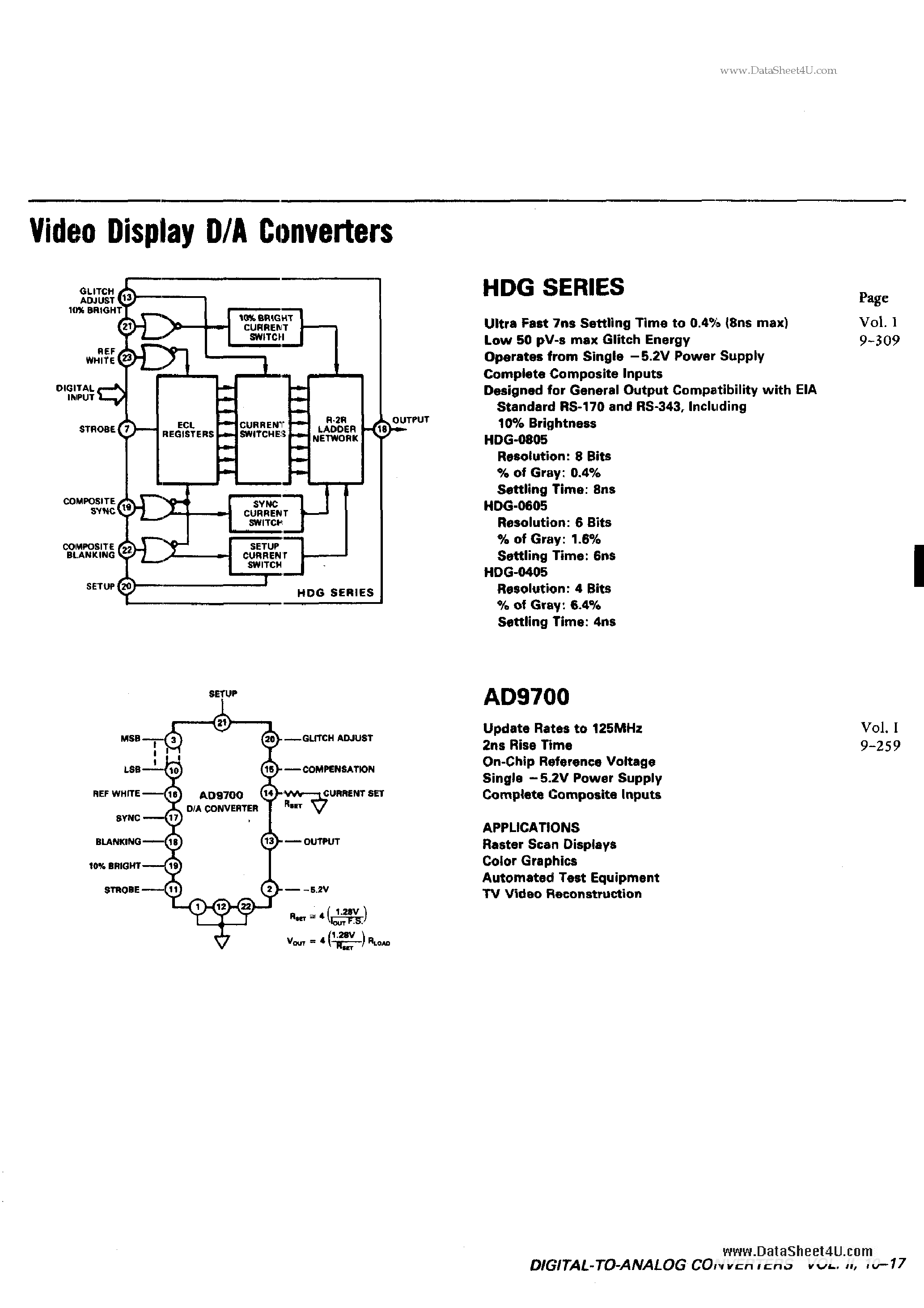 Datasheet AD9700 page 1 Datasheet AD9700 - Video Dispaly D/A Converter page 1