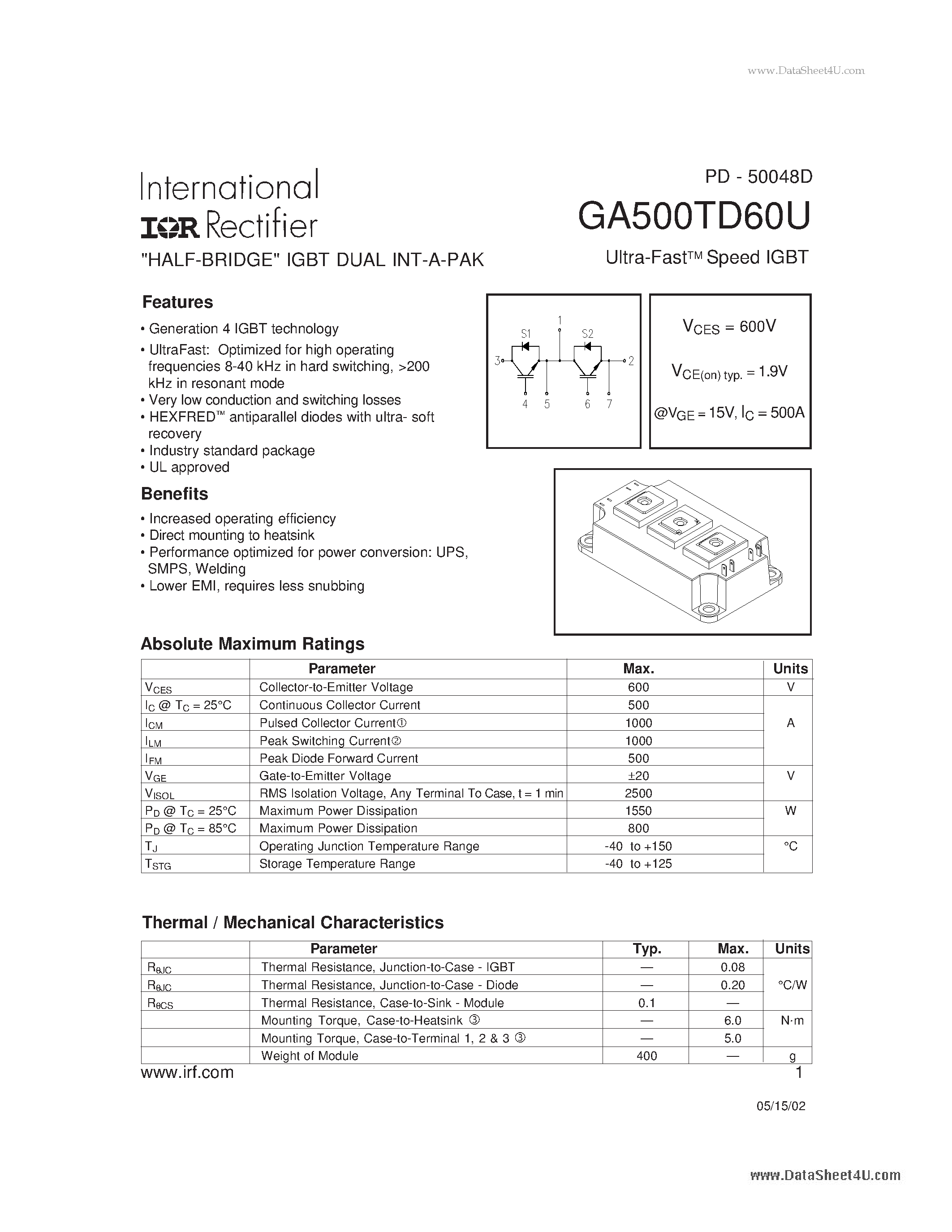 Datasheet GA500TD60U - HALF-BRIDGE IGBT DUAL INT-A-PAK page 1
