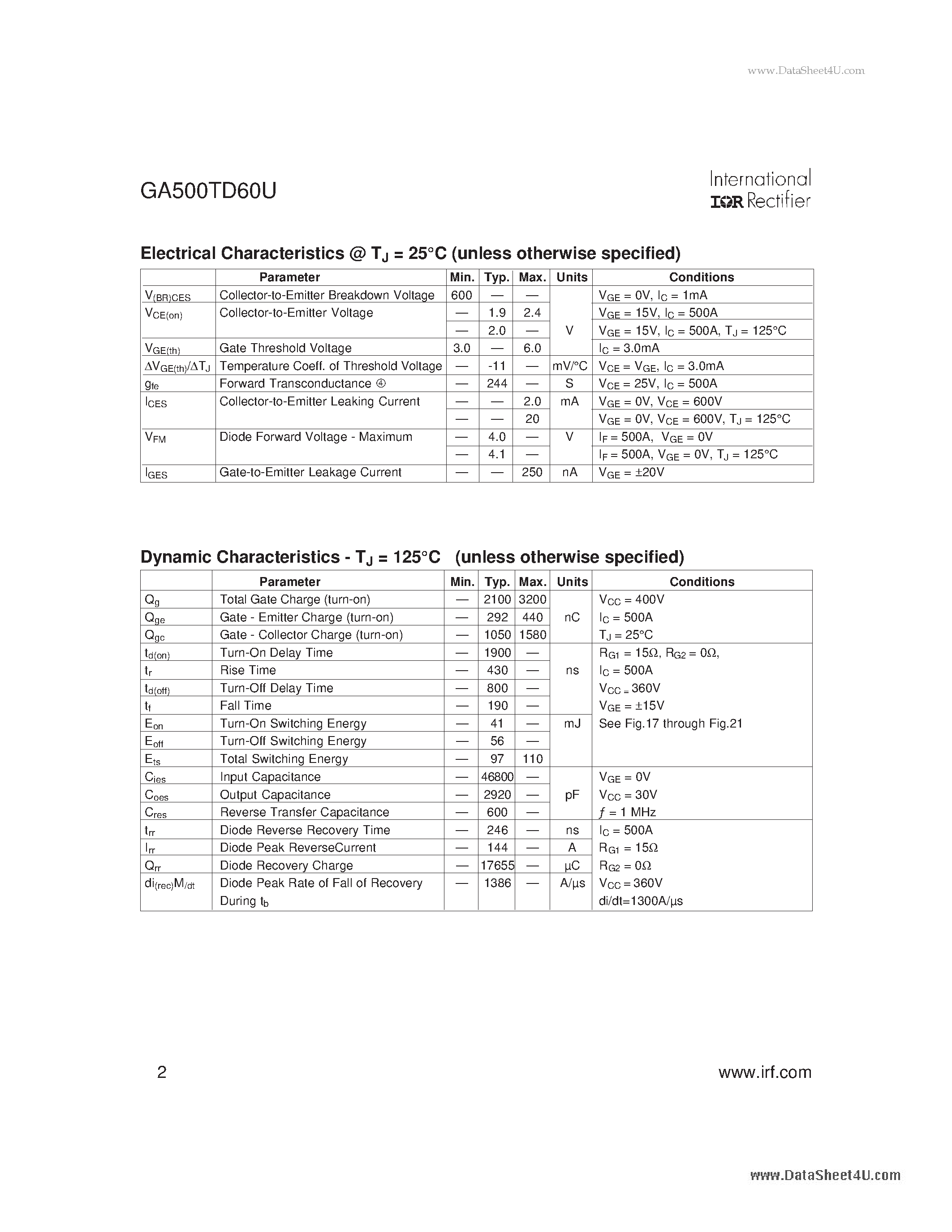 Datasheet GA500TD60U - HALF-BRIDGE IGBT DUAL INT-A-PAK page 2